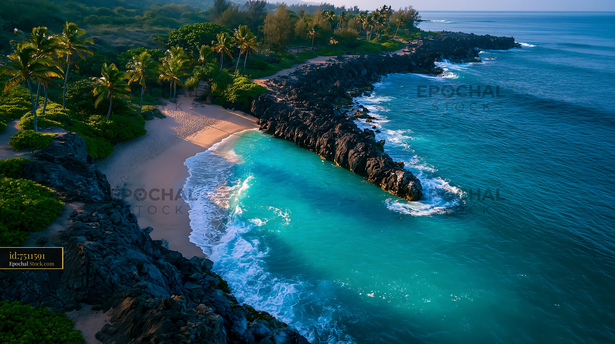 Tropical fringing reef and white sand beach with volcanic rocks - stock photo
