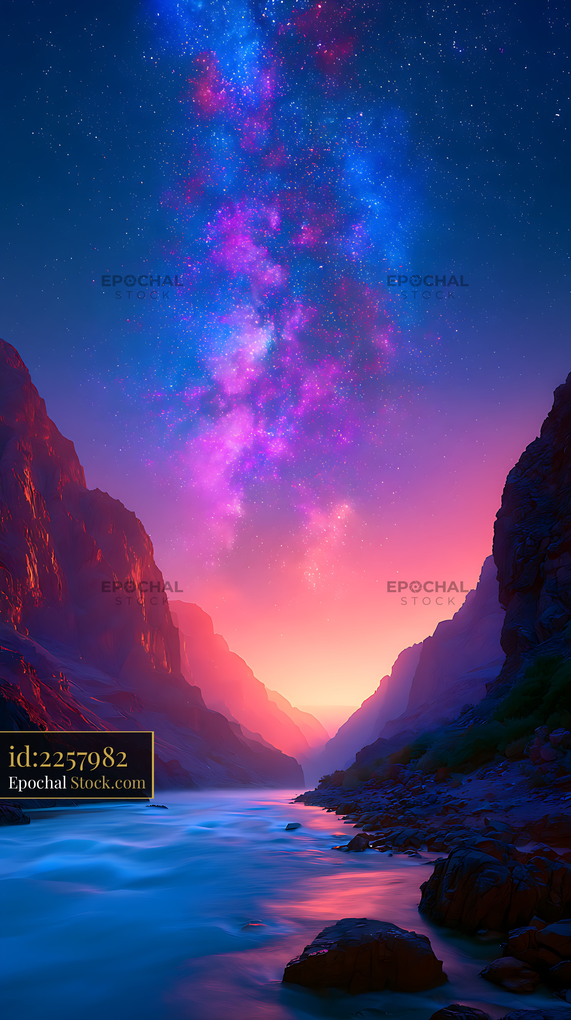 Vibrant milky way over a river winding through a deep canyon - stock photo
