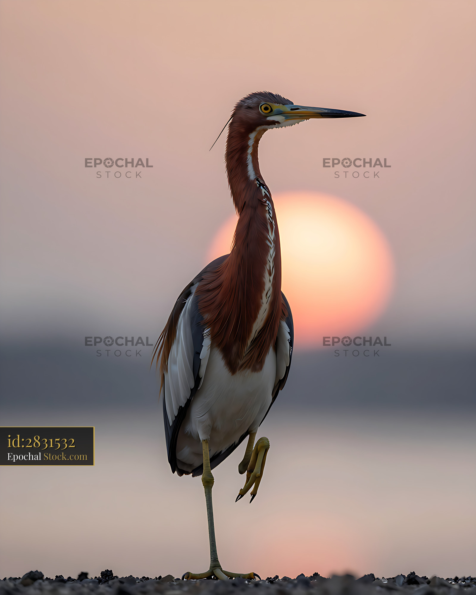 Tricolored heron standing on one leg at sunset