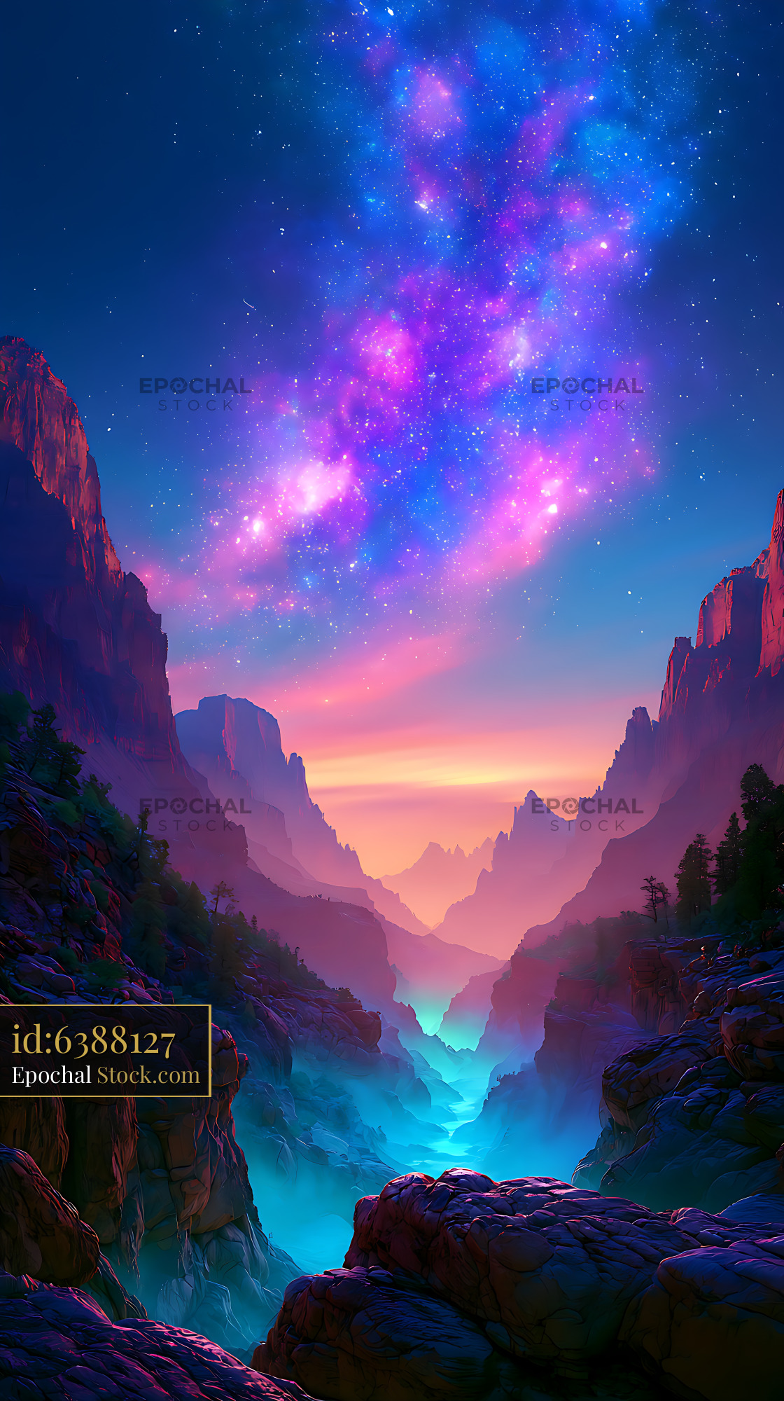 Milky way galaxy over a deep mountain canyon with glowing blue shadows - stock photo
