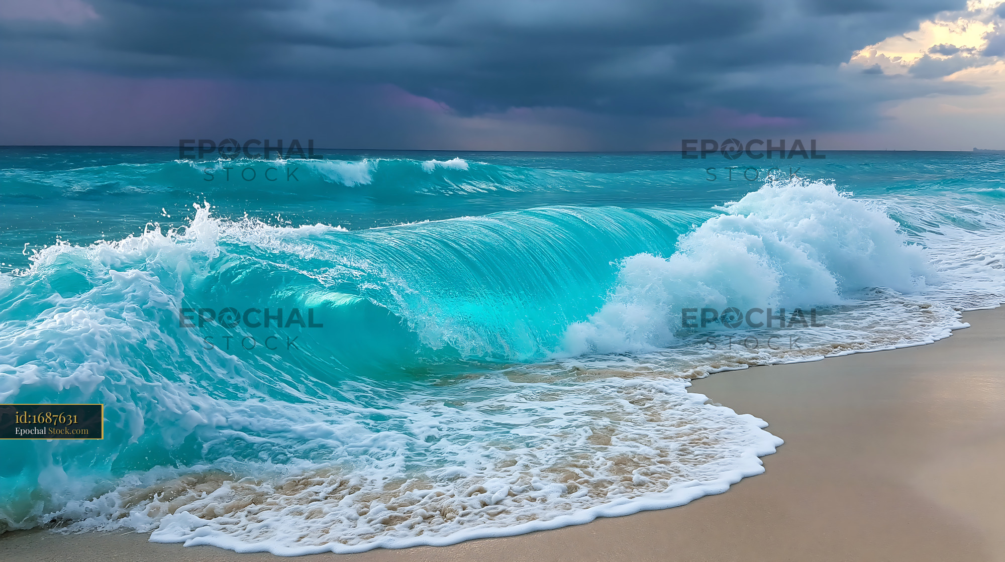 Turquoise ocean waves breaking on beach under dark storm front - stock photo