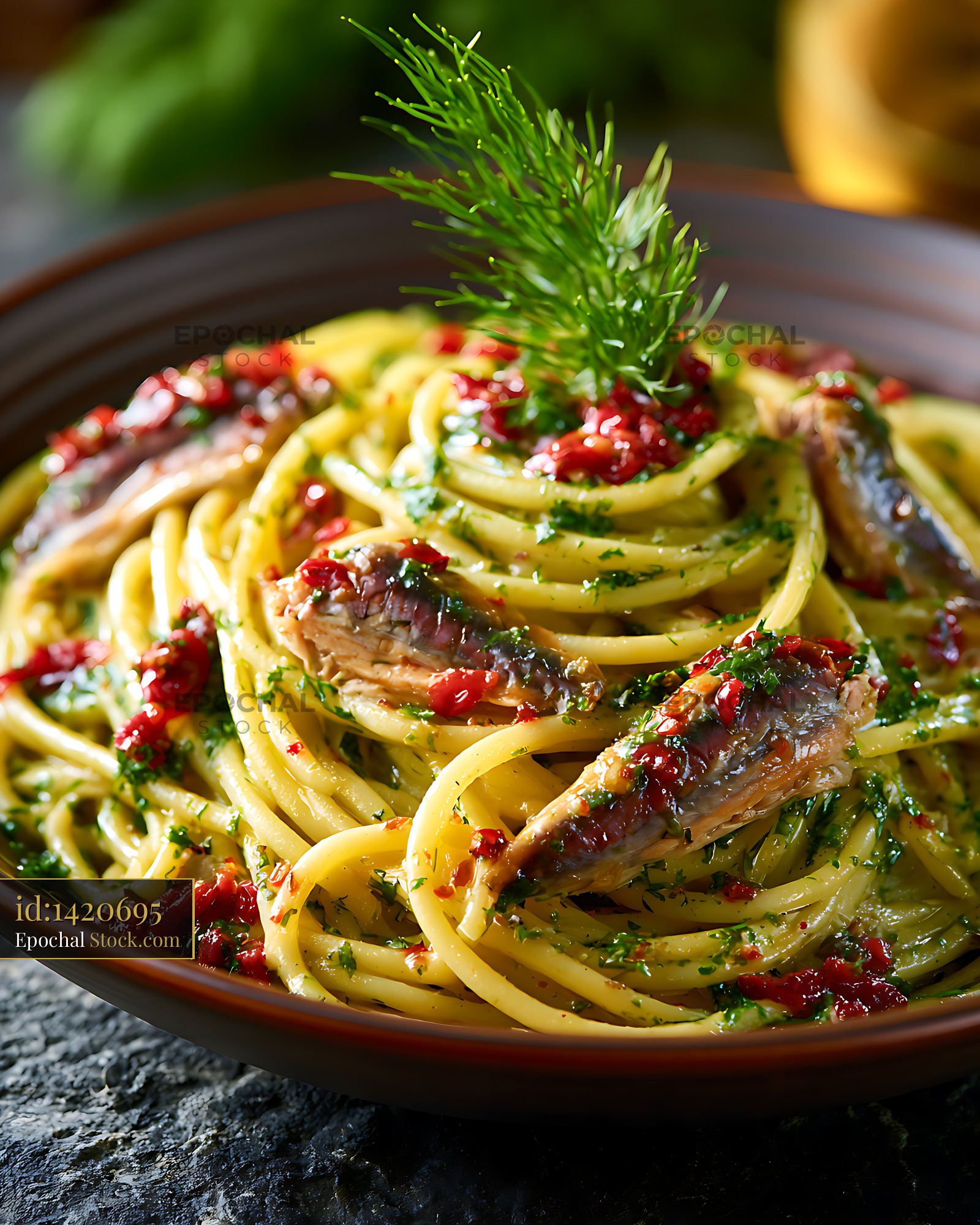Traditional pasta con le sarde with sardines and fresh herbs - stock photo