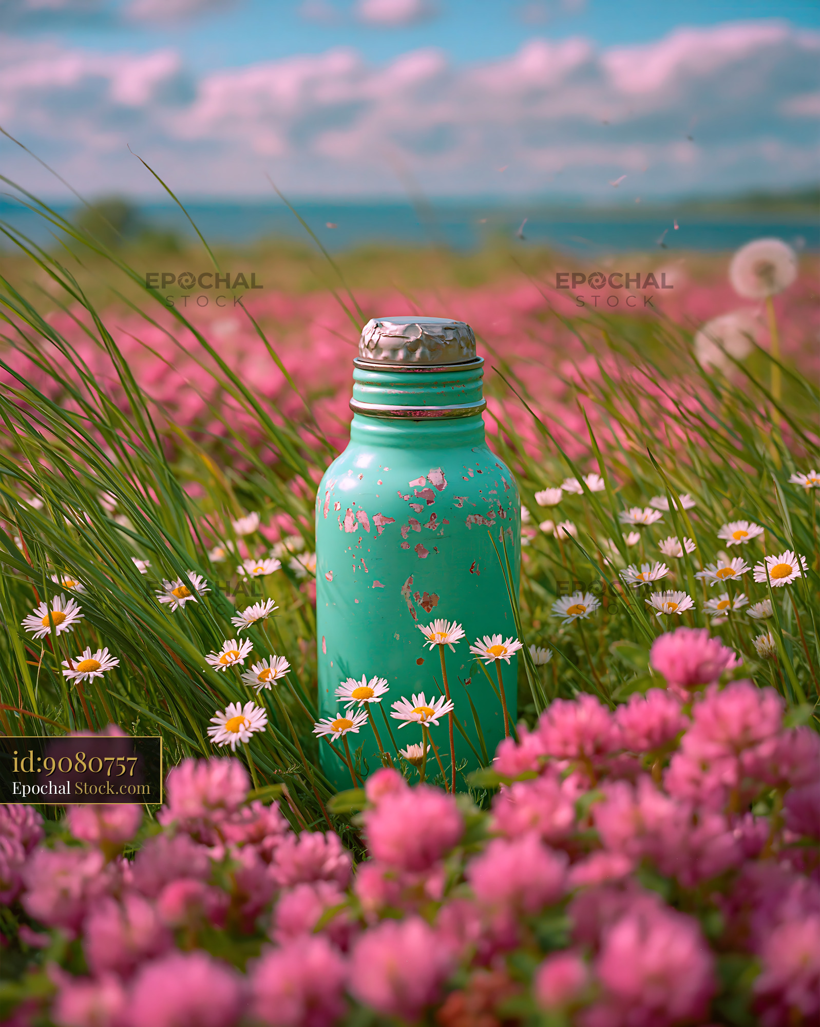 Vintage turquoise thermos in a lush spring meadow with wildflowers