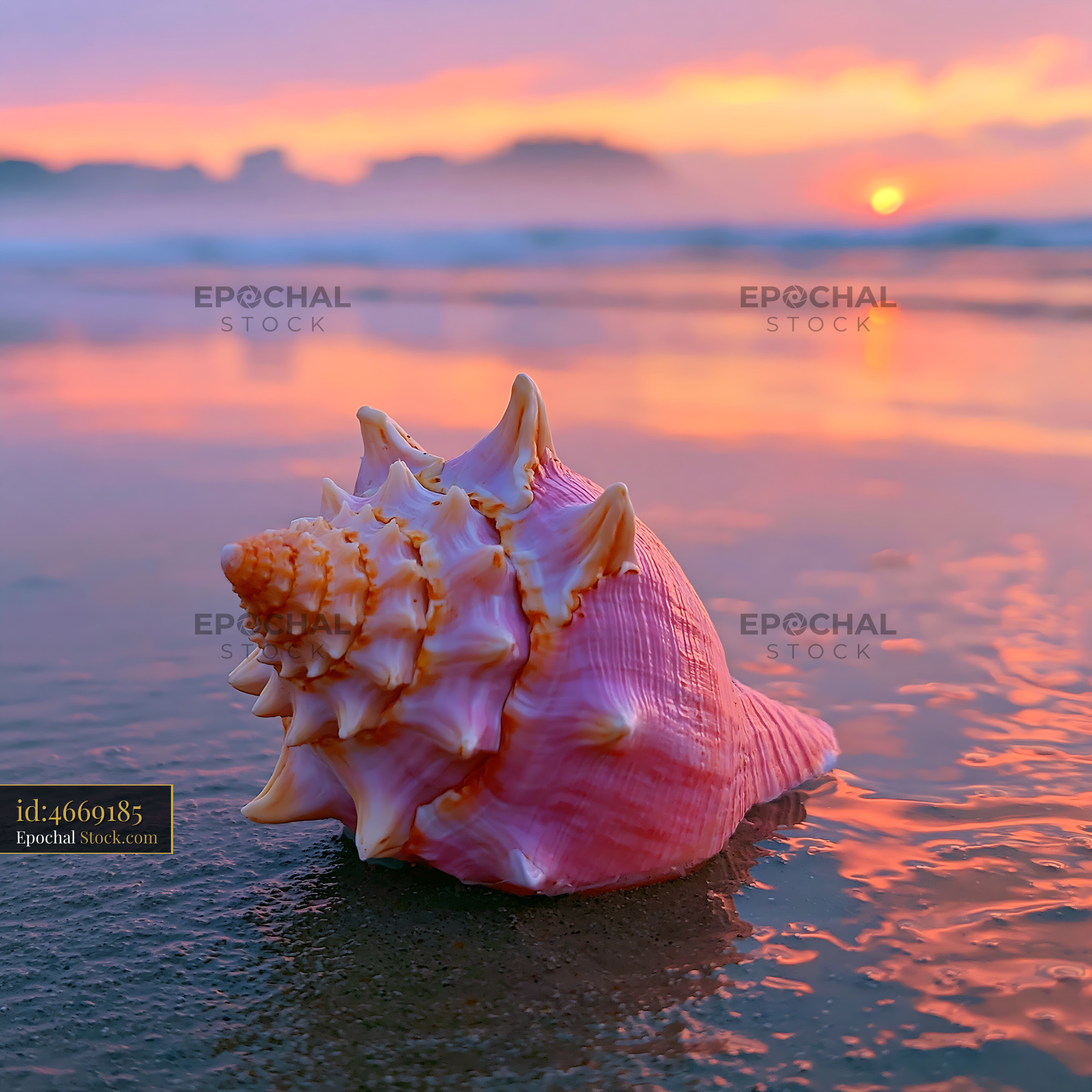 Pink lightning whelk seashell on a sandy beach at sunset - stock photo