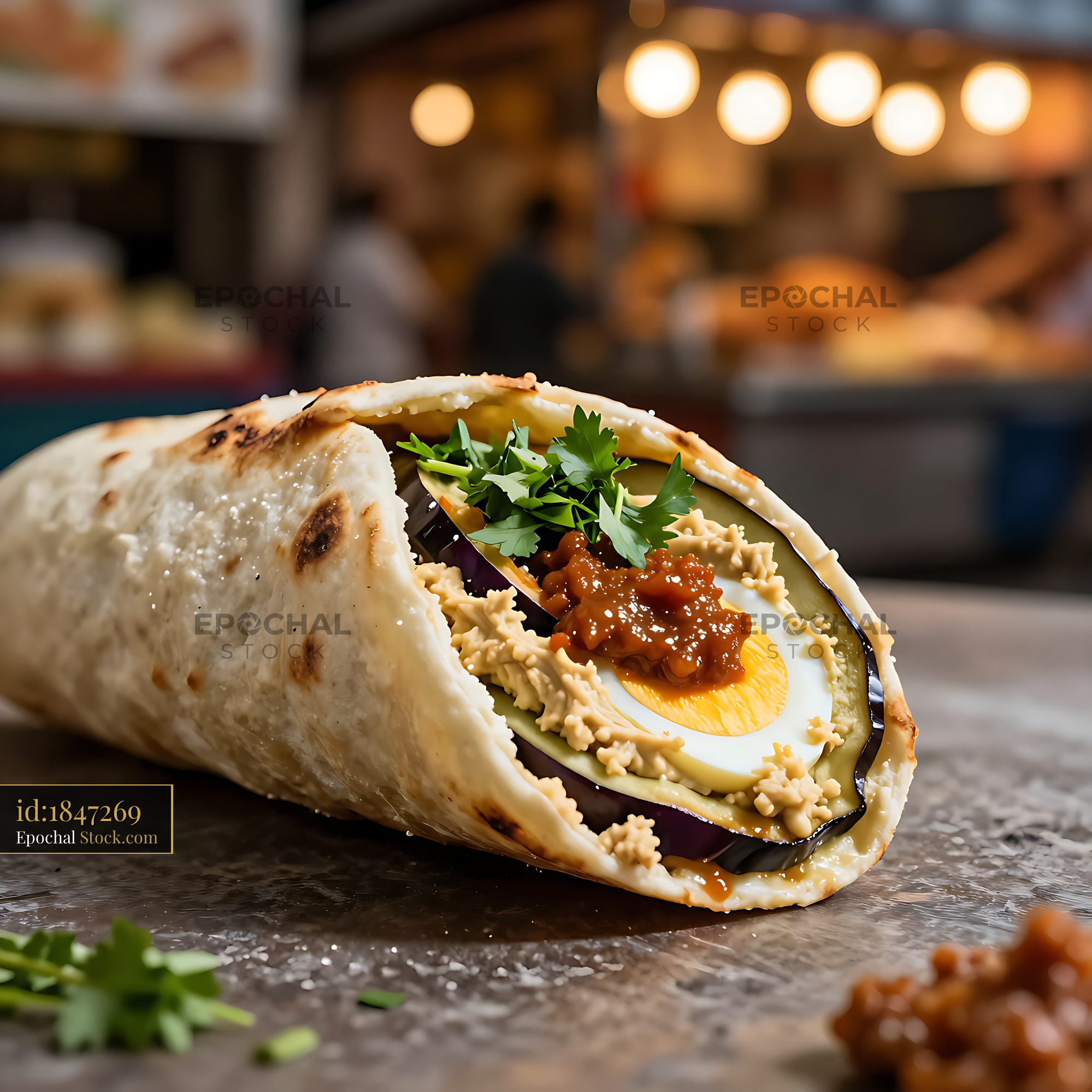 Israeli sabich pita roll with fried eggplant and egg at a street marke - stock photo