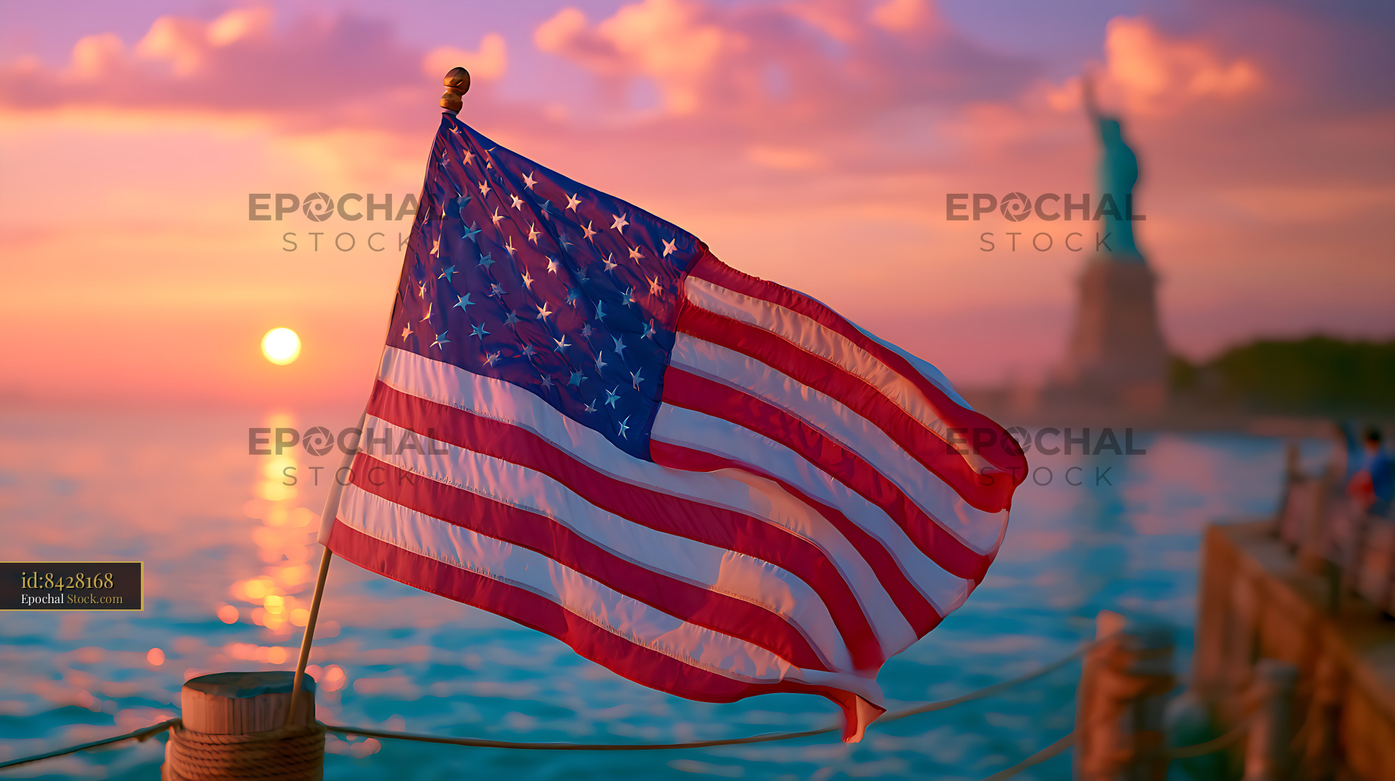 American flag waving with the Statue of Liberty at sunset - stock photo
