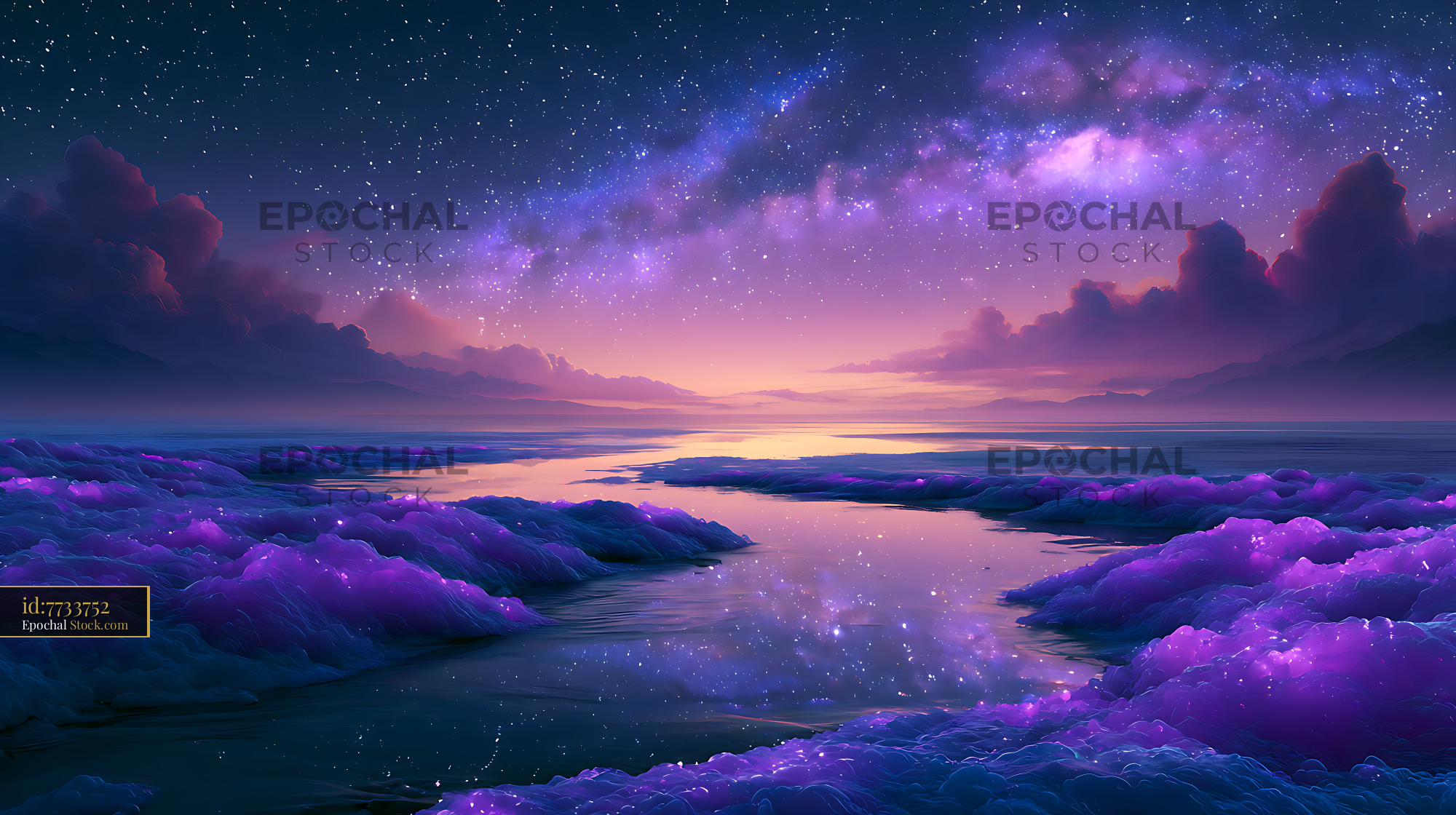 Milky way stream rapids reflection in a surreal purple landscape - stock photo
