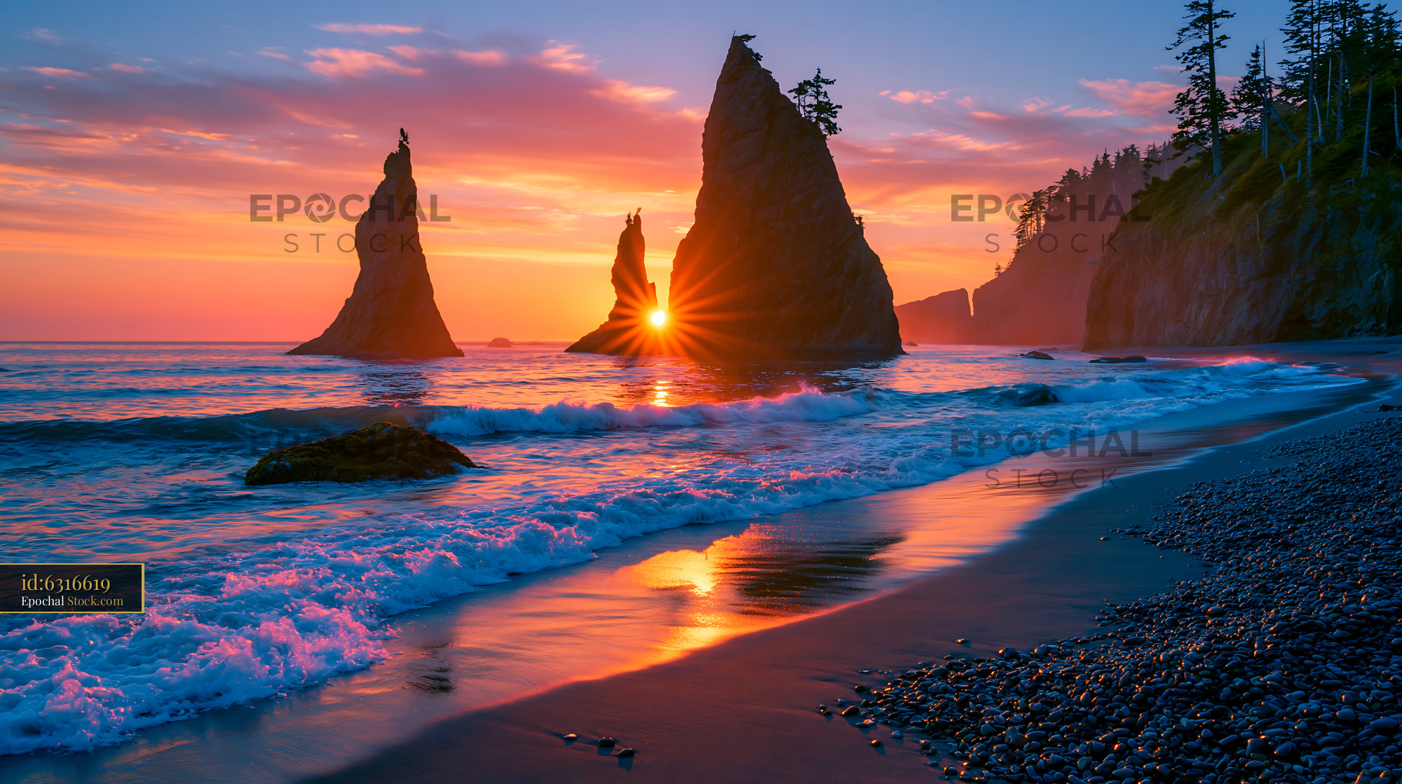 Sea stack basalt formations at sunset on a rugged Pacific coast beach - stock photo