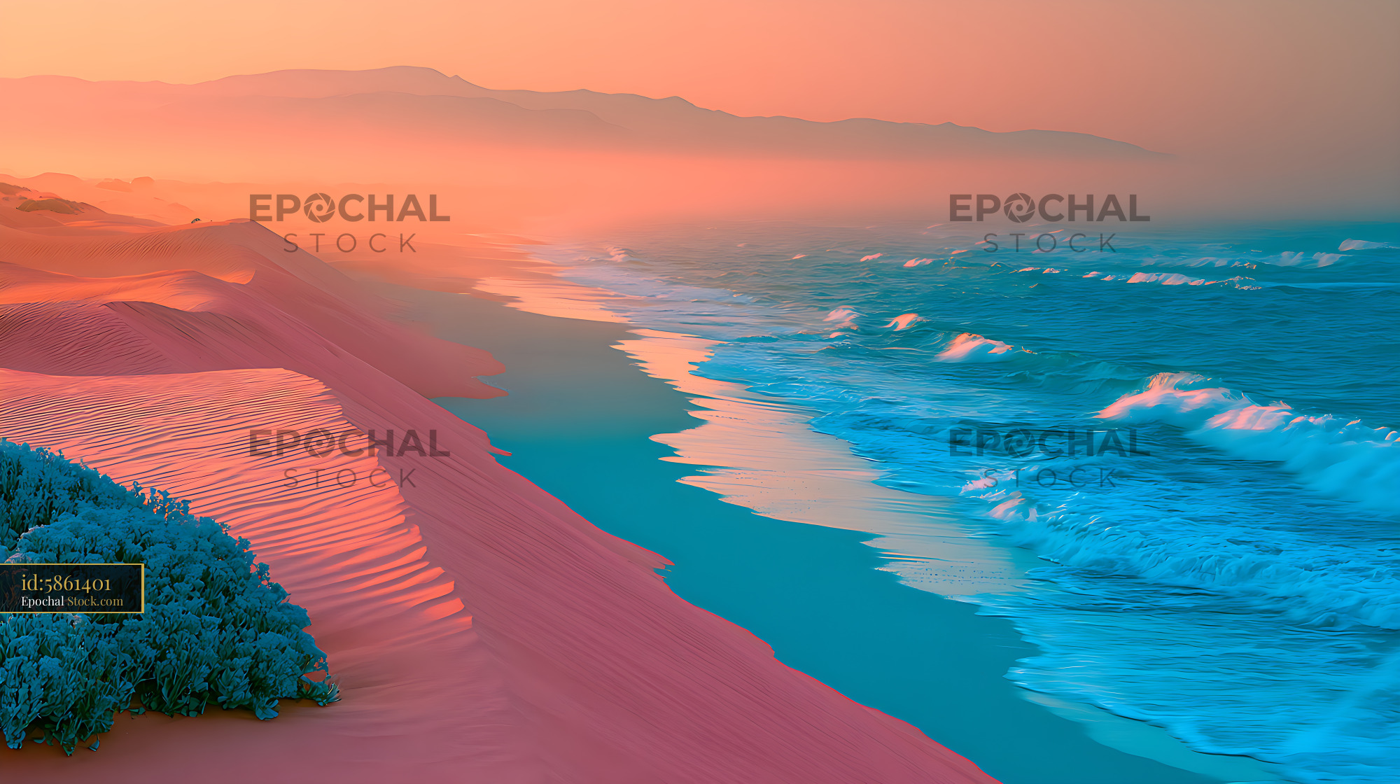 Vibrant coral sand dunes meeting turquoise ocean waves at sunset