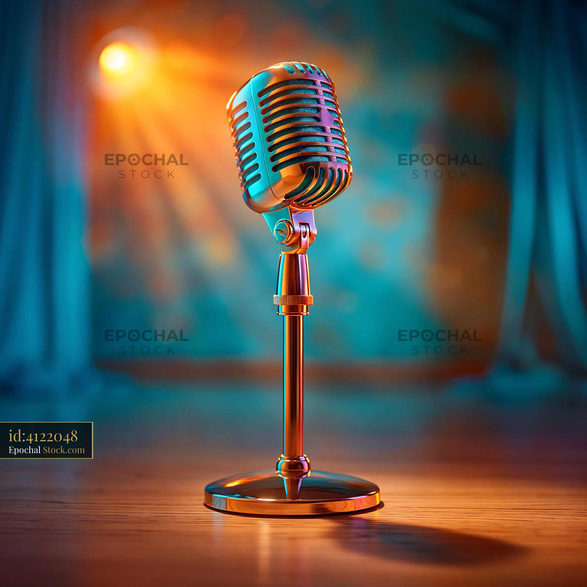 Vintage microphone on theater stage with dramatic spotlight and shadow
