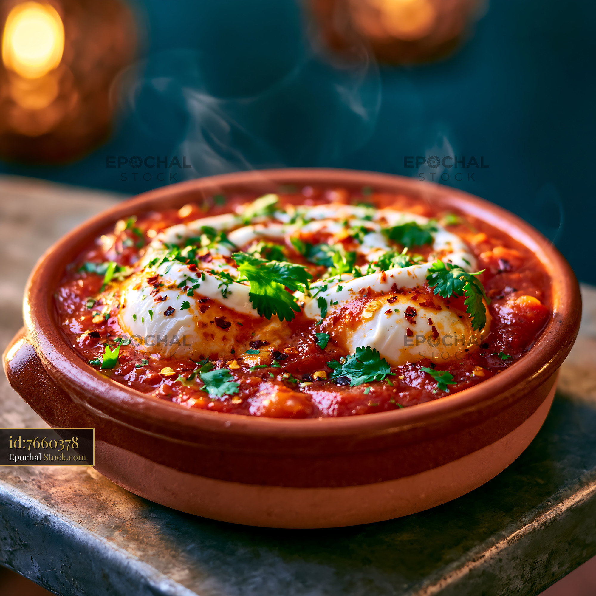Mexican huevos ahogados with poached eggs in spicy tomato sauce - stock photo