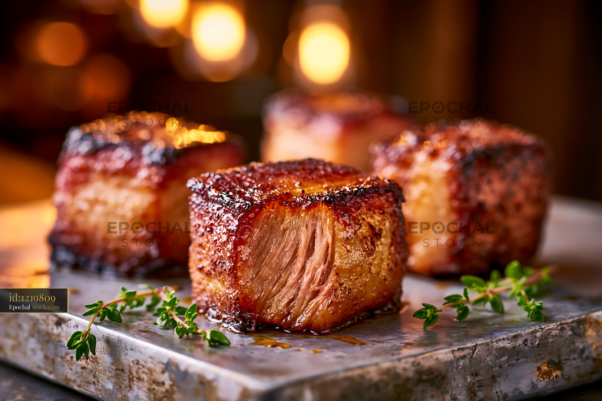 Traditional rillons de tours meat cubes with fresh thyme - stock photo