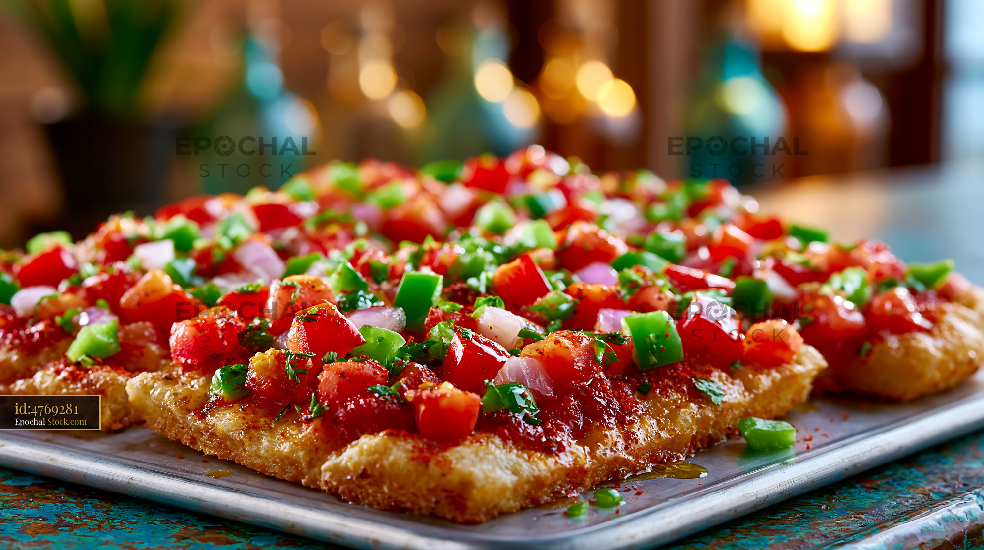 Traditional Spanish coca de tremp pizza with fresh diced vegetables - stock photo