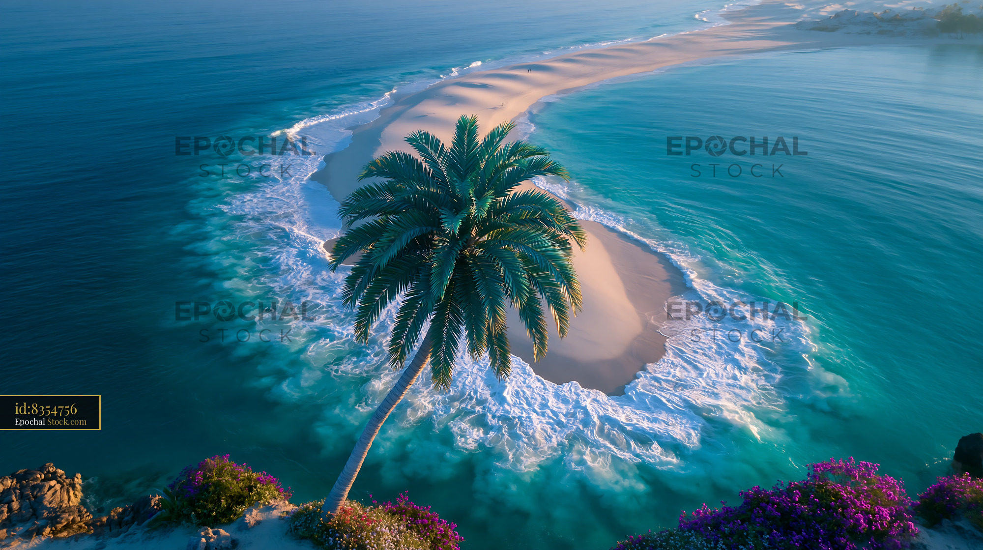 Single palm tree on a curved white sandbar in turquoise ocean water - stock photo