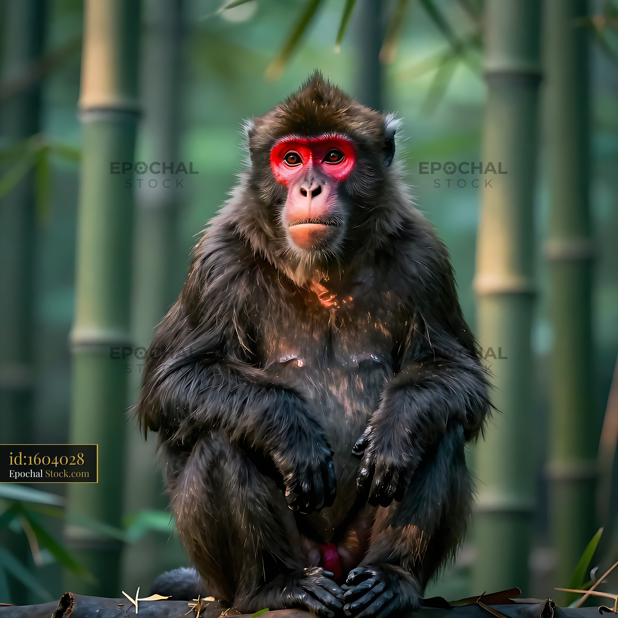 Adult stump-tailed macaque with a red face in a lush bamboo forest - stock photo