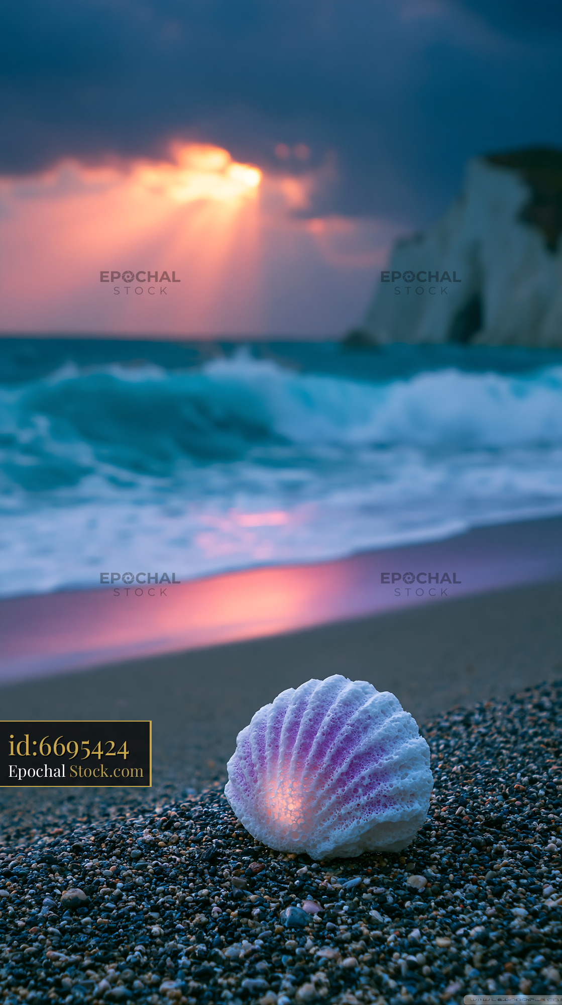 White seashell on volcanic pyroclastic beach at sunset in Europe - stock photo