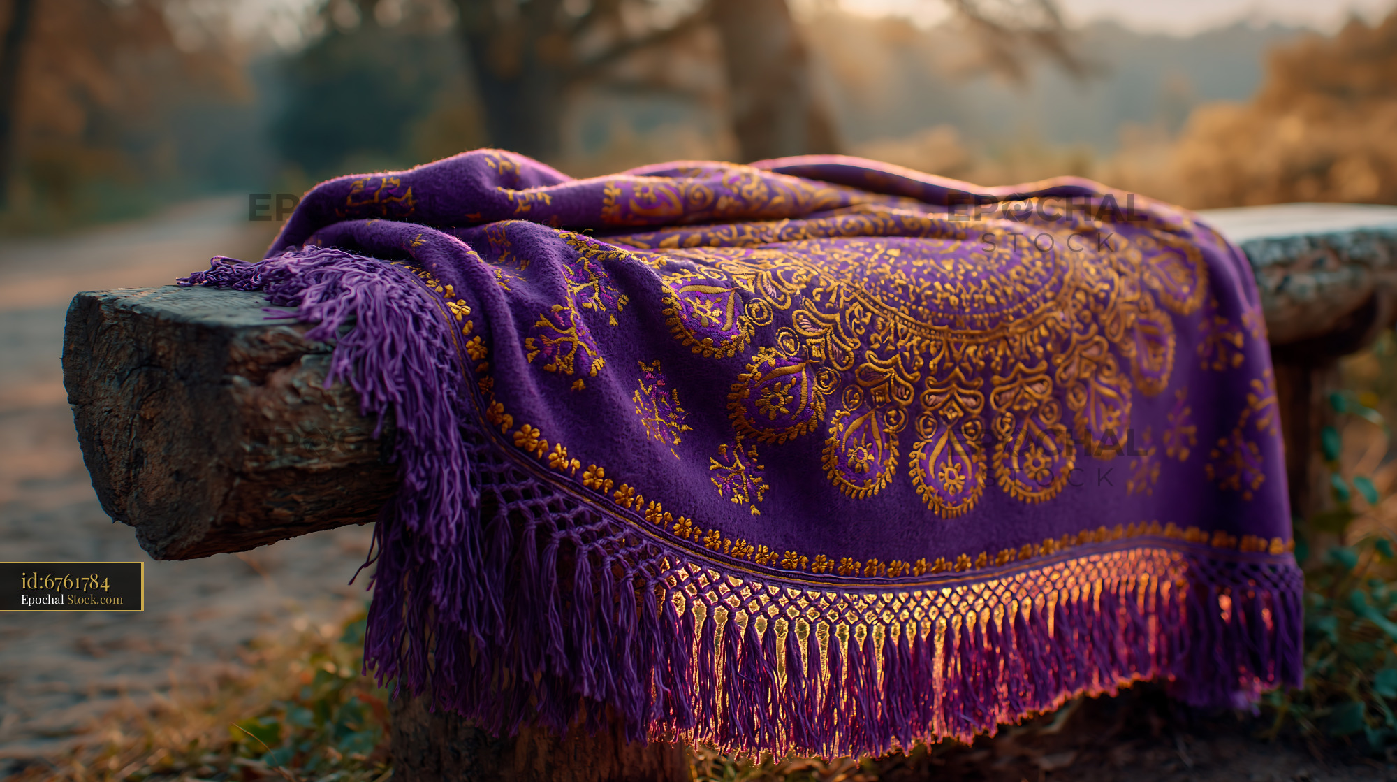 Purple patterned blanket with gold mandala on rustic wooden park bench - stock photo