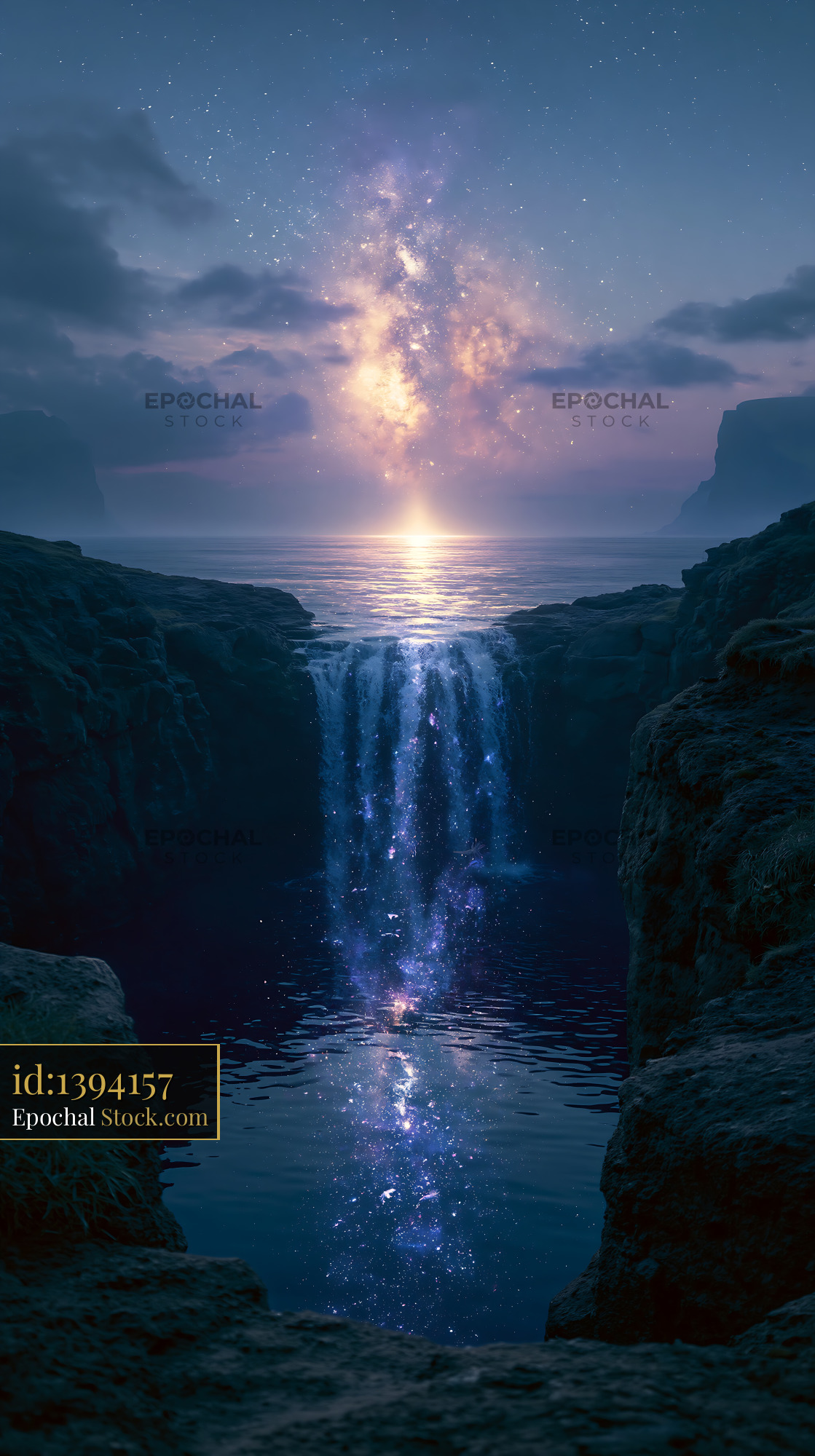 Cosmic waterfall cascading from rocky cliffs under the Milky Way galax - stock photo