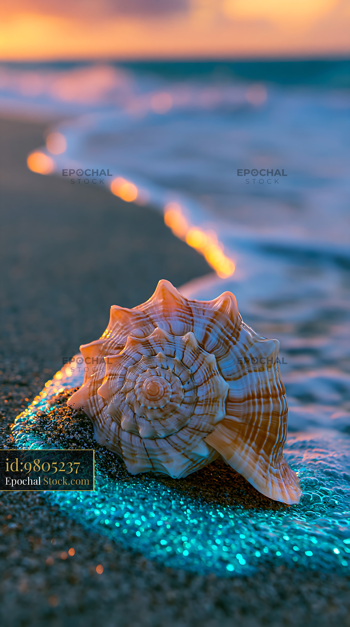 Large seashell on the beach at sunset with bioluminescent water - stock photo