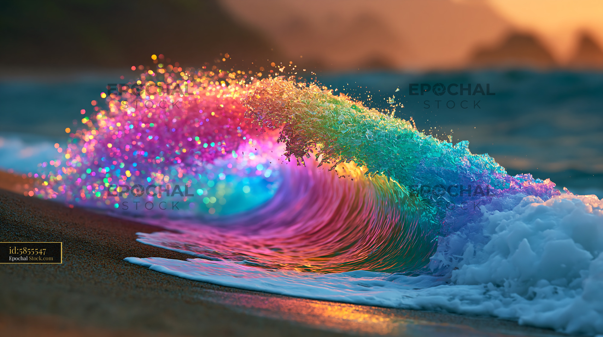 Rainbow surf spray breaking on a sandy beach at sunset - stock photo