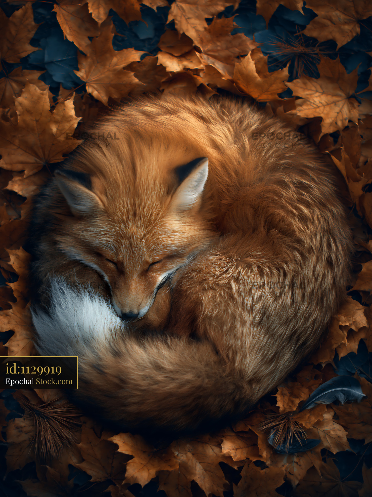 Red fox curled up sleeping on a bed of autumn maple leaves - stock photo