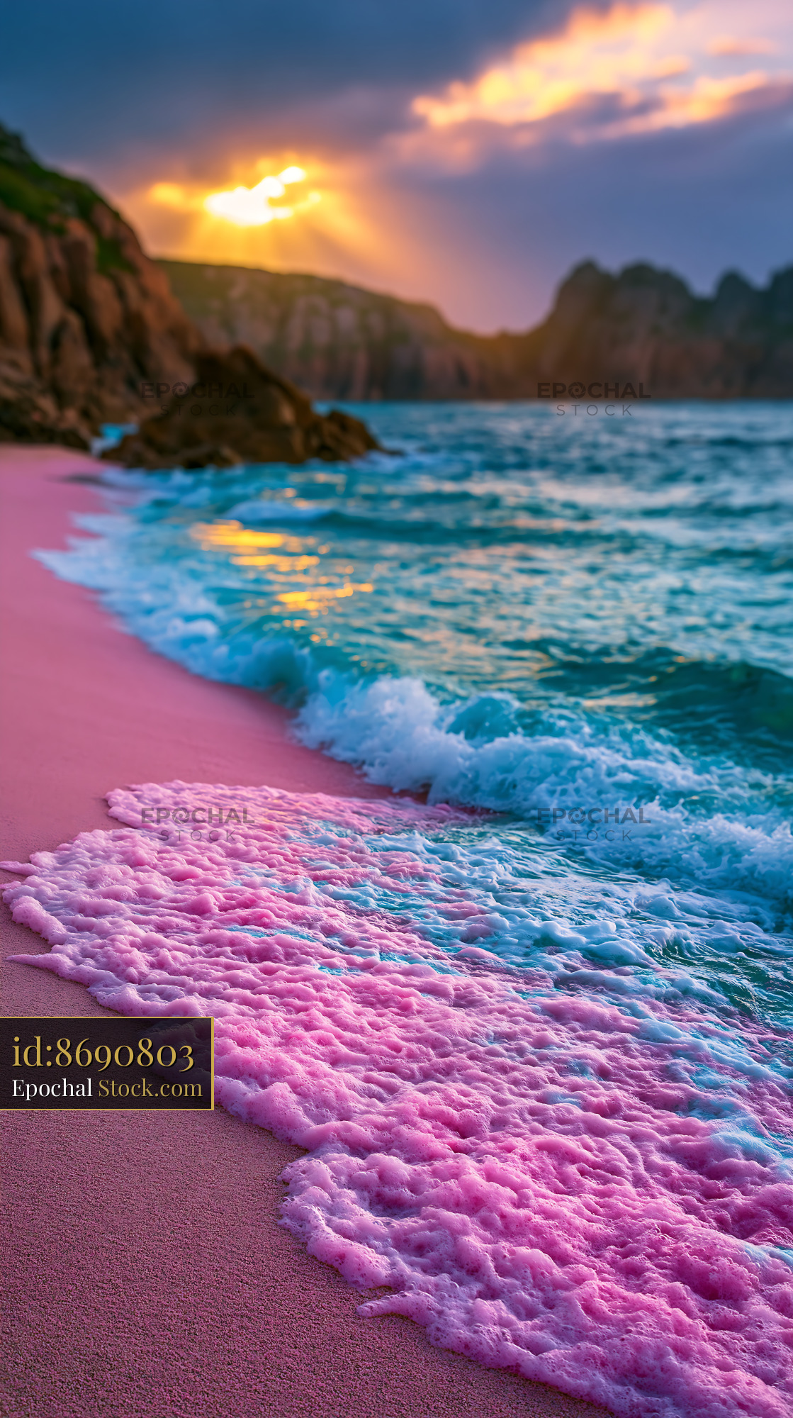 Surreal pink sand beach with vibrant purple foam at sunset - stock photo