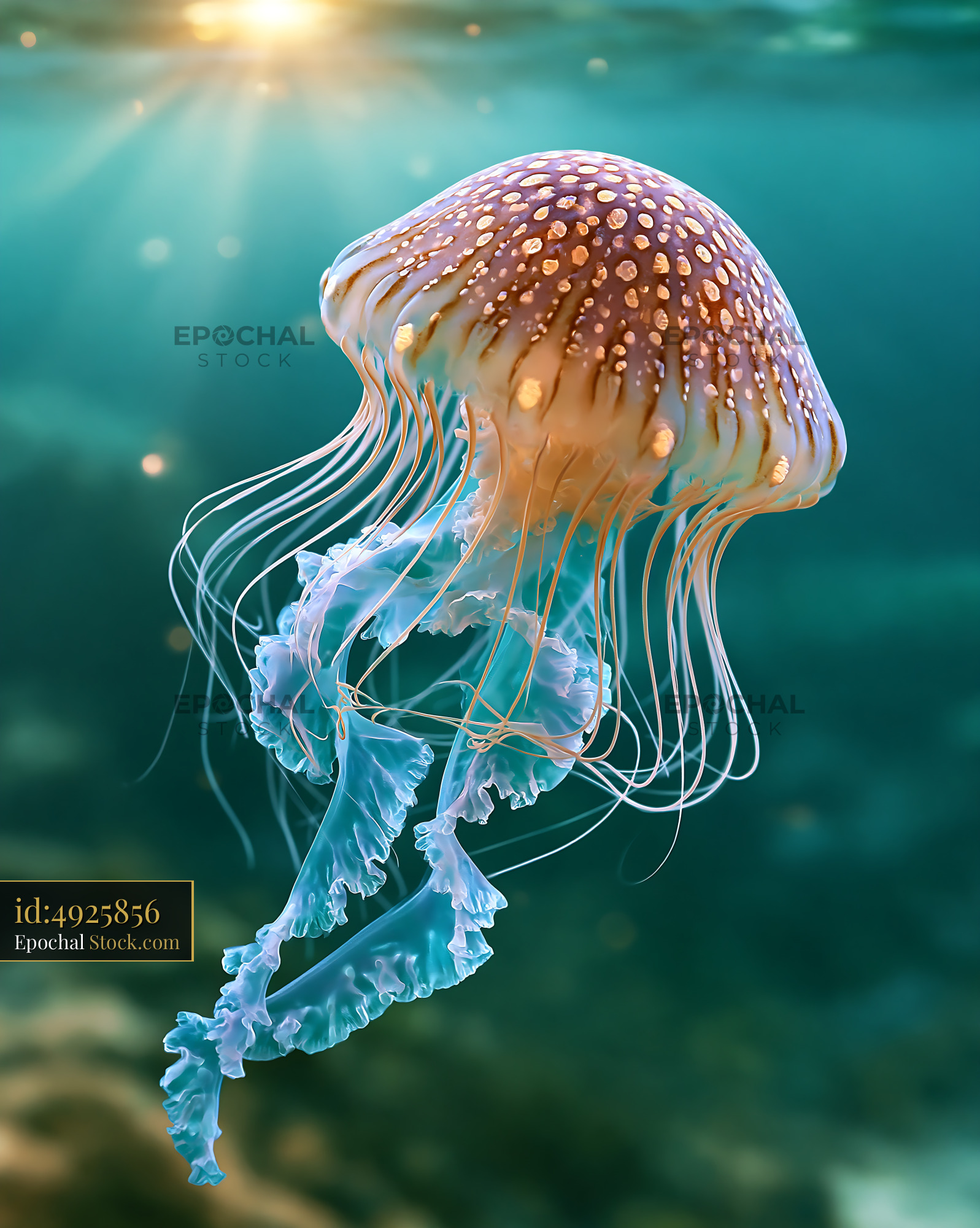 Glowing jellyfish drifting in sunlit turquoise ocean water - stock photo