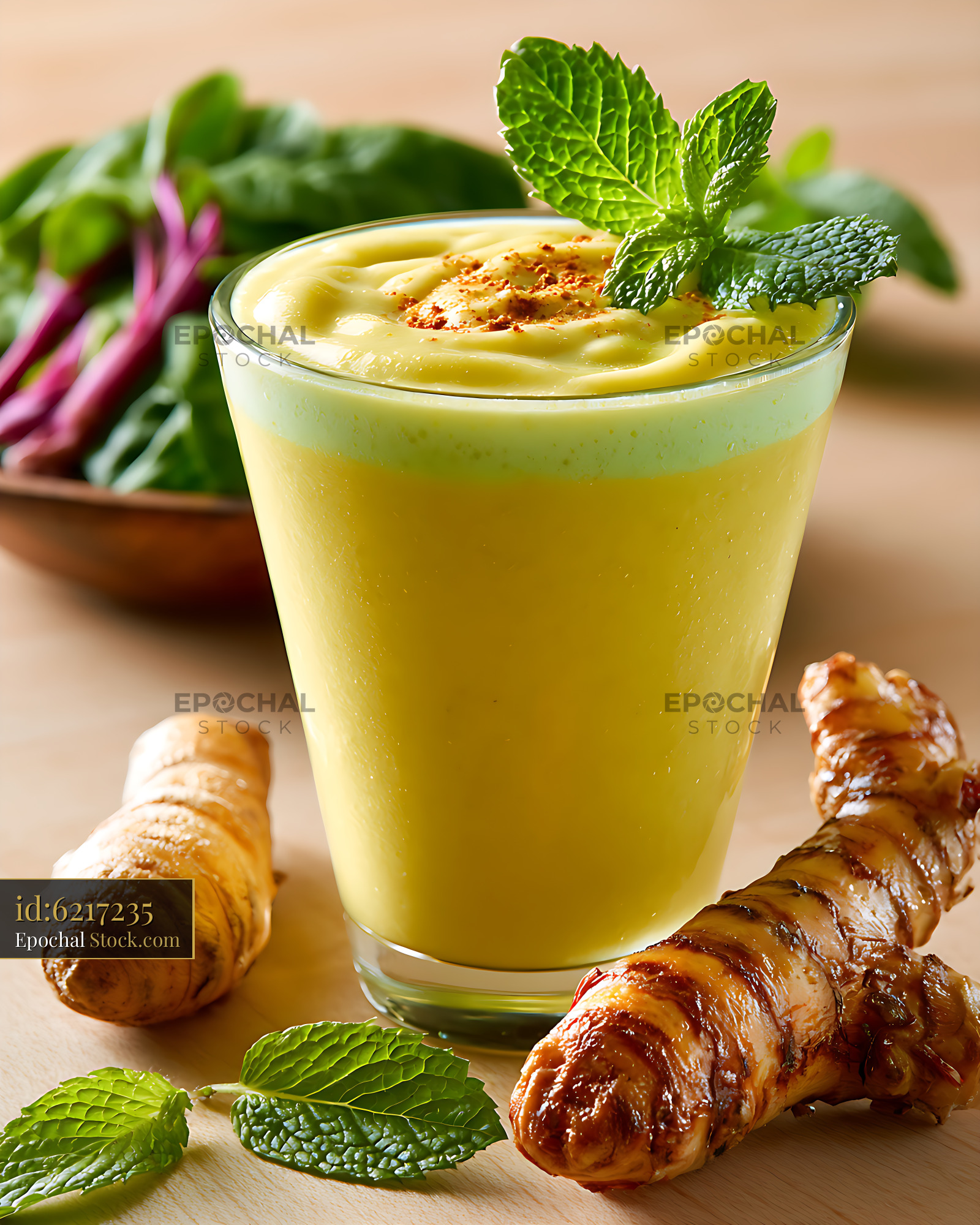 Fresh turmeric and mint smoothie for digestive health on wooden table - stock photo