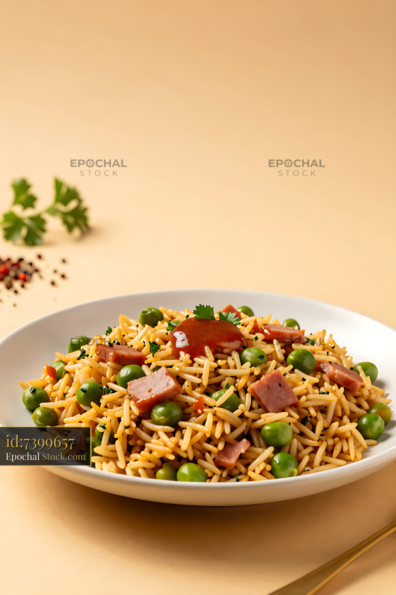 Hoppin' John with Tasso ham and green peas served in a white bowl - stock photo