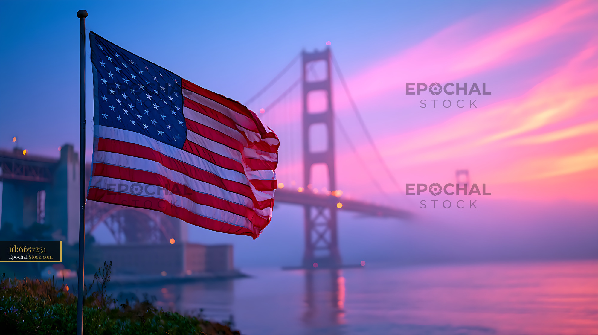 American flag waving before the Golden Gate Bridge at pink sunset - stock photo