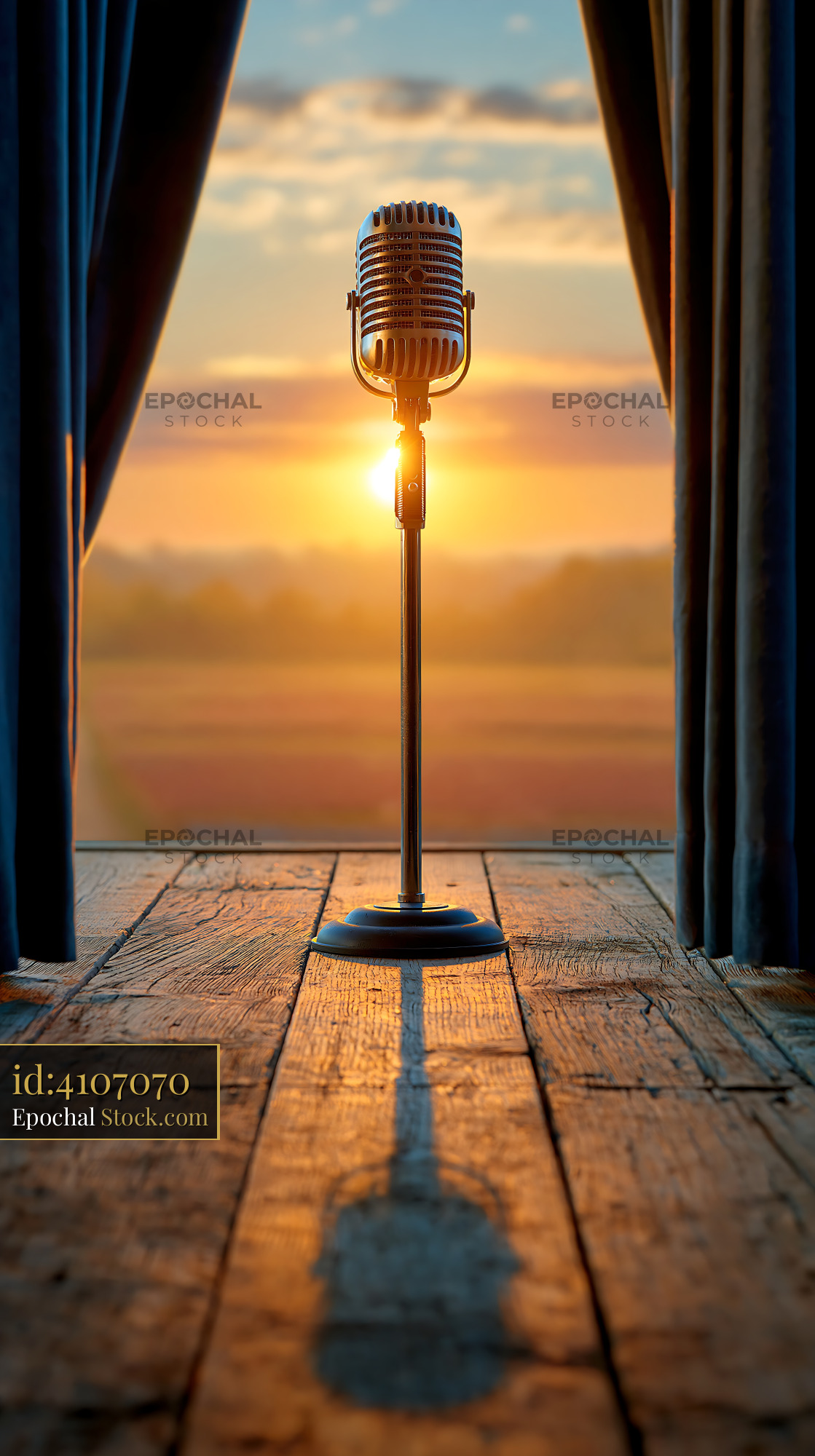 Vintage microphone on a wooden theater stage during golden hour - stock photo