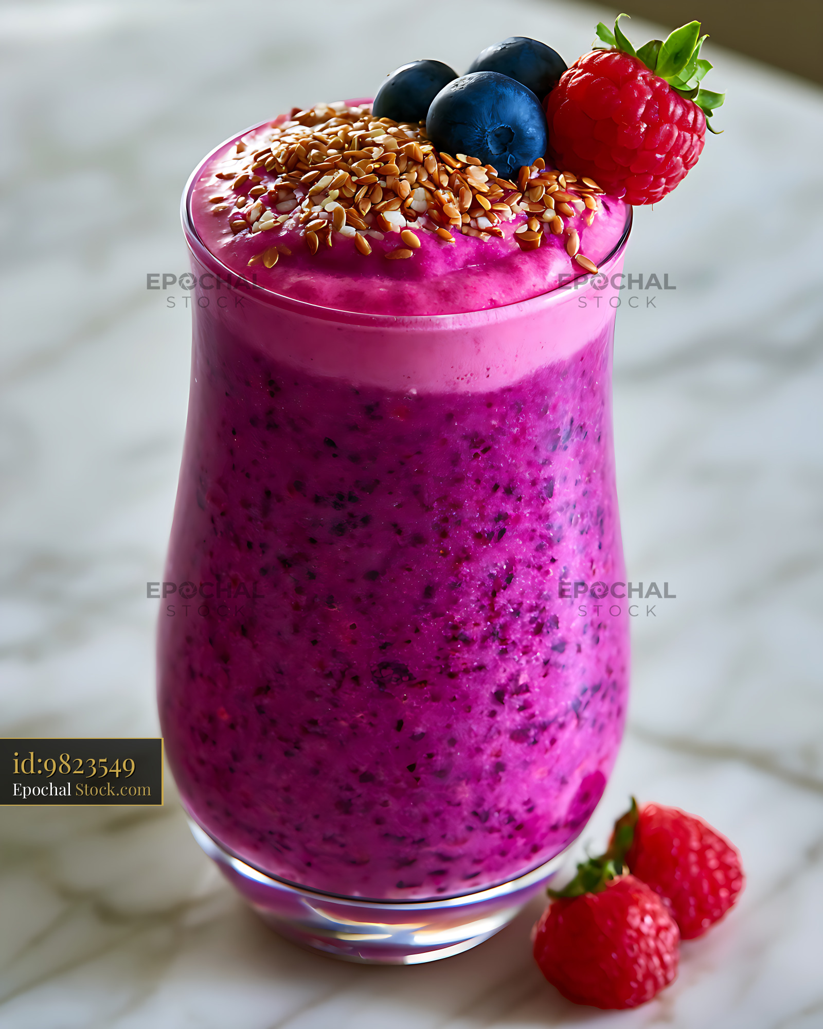 Vibrant pink berry smoothie topped with flaxseeds and fresh berries - stock photo