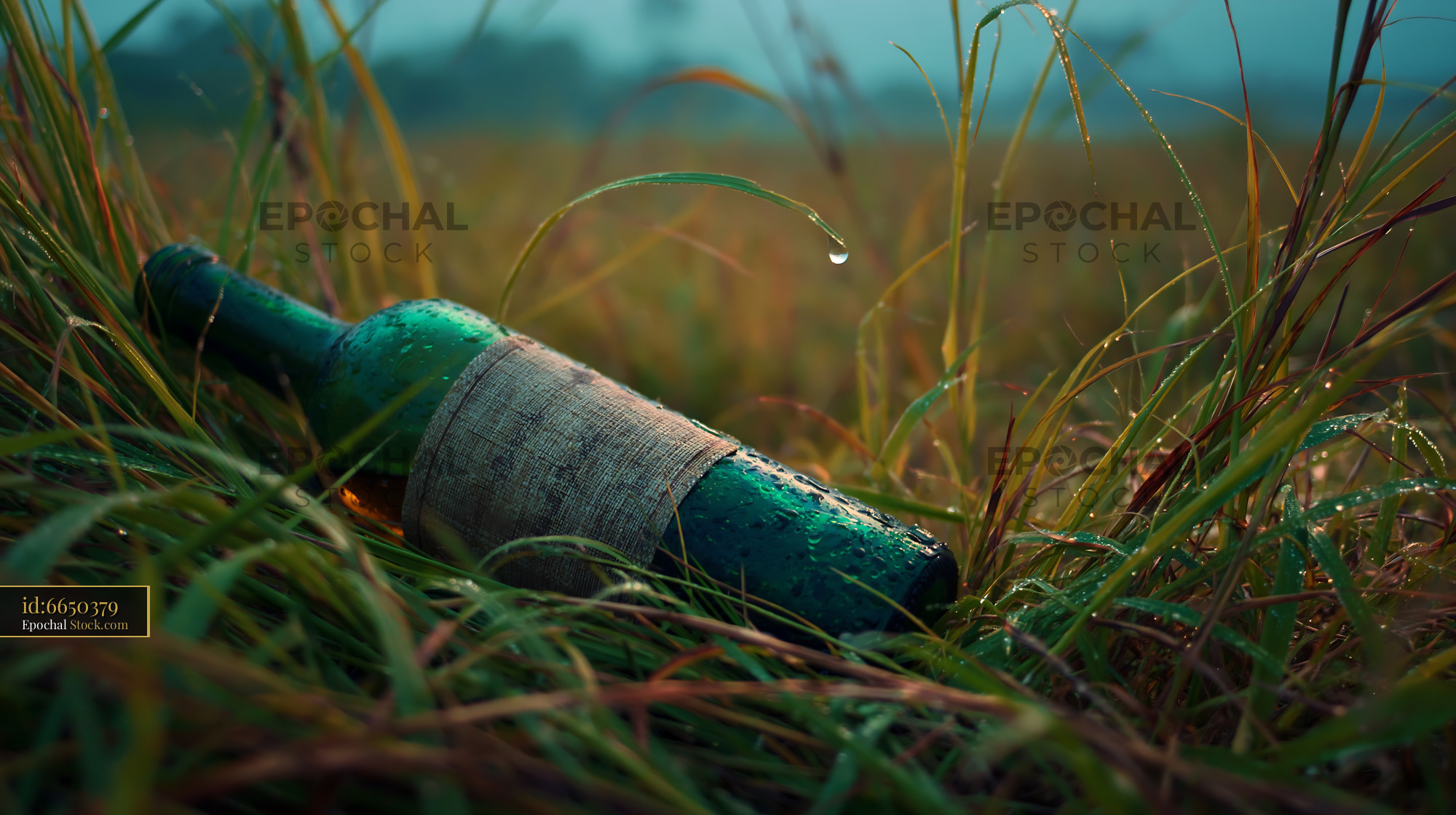 Green wine bottle with burlap label lying in tall meadow grass - stock photo