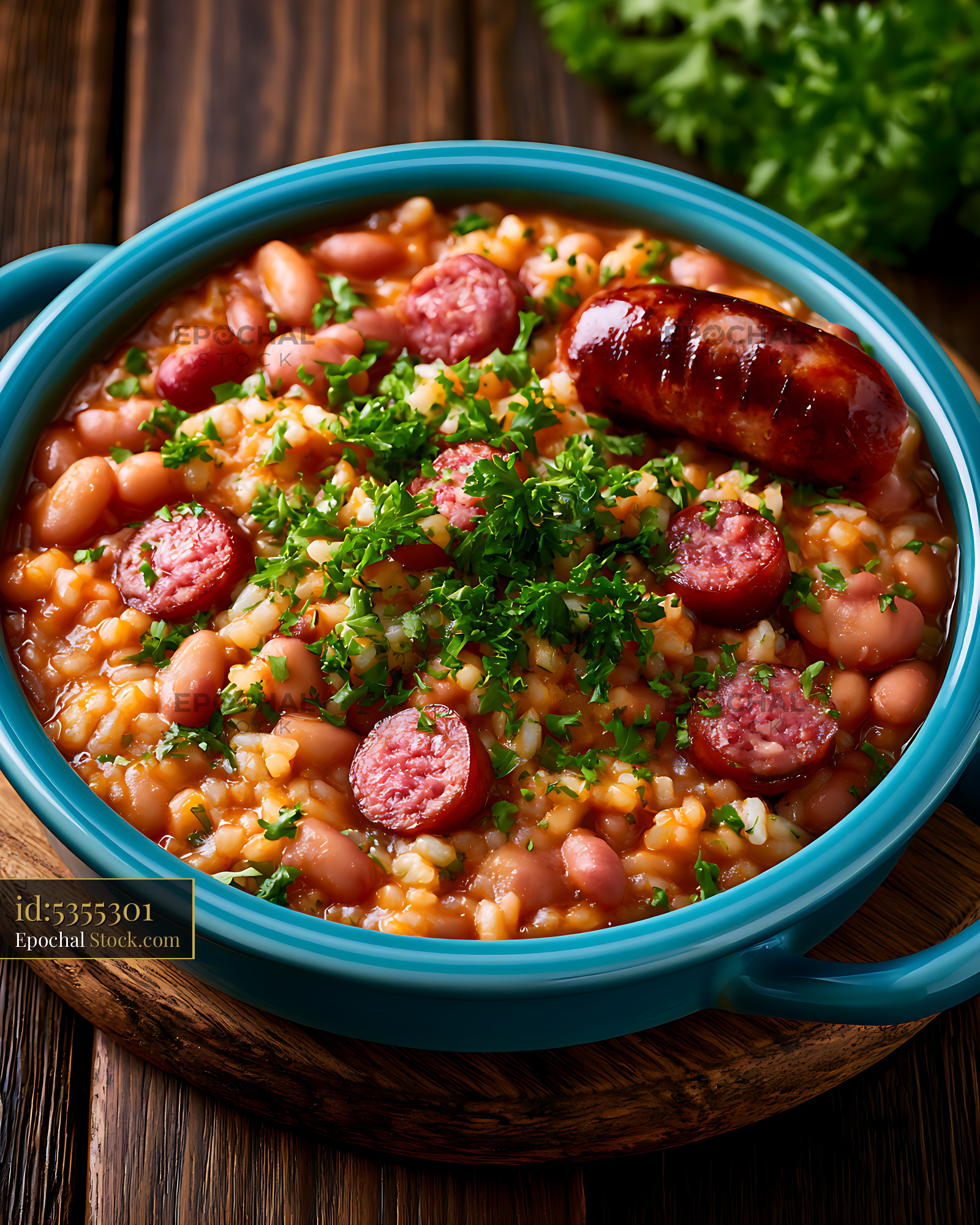 Traditional paniscia novara rice bean stew with sausage in a blue bowl - stock photo