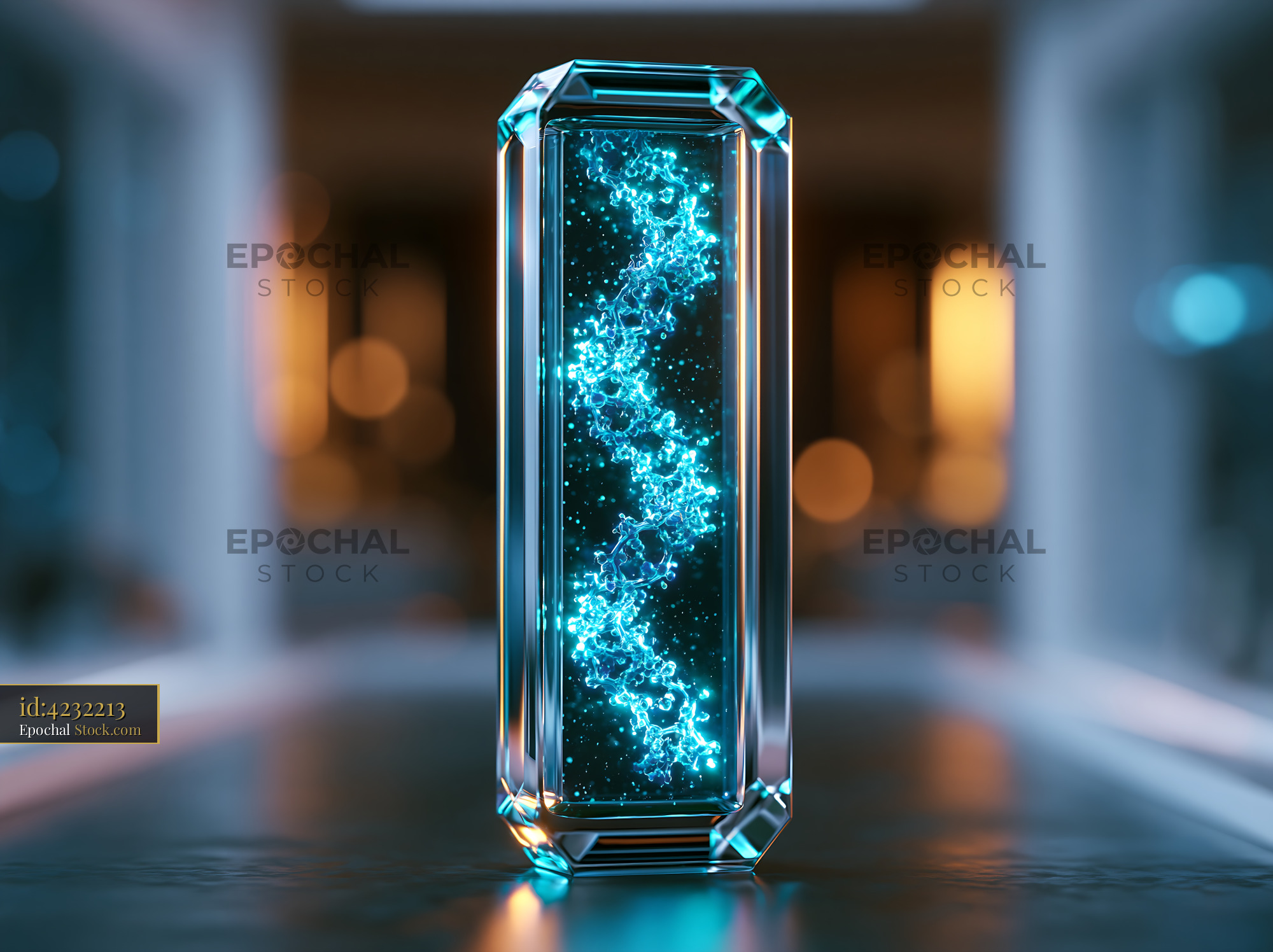 DNA helix glowing in a crystal container for genetic research - stock photo