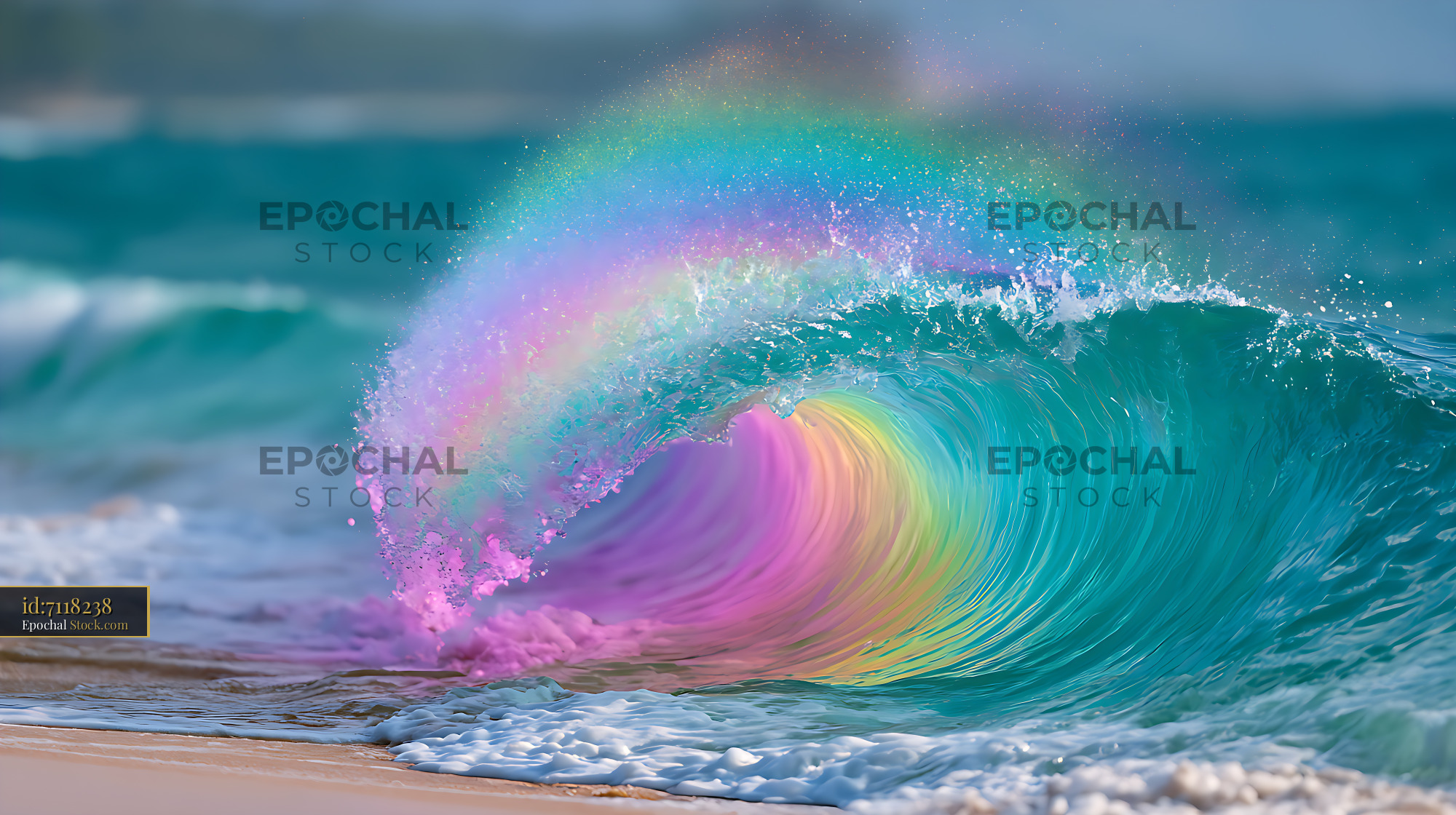 Turquoise ocean wave with rainbow spray breaking on a tropical beach - stock photo