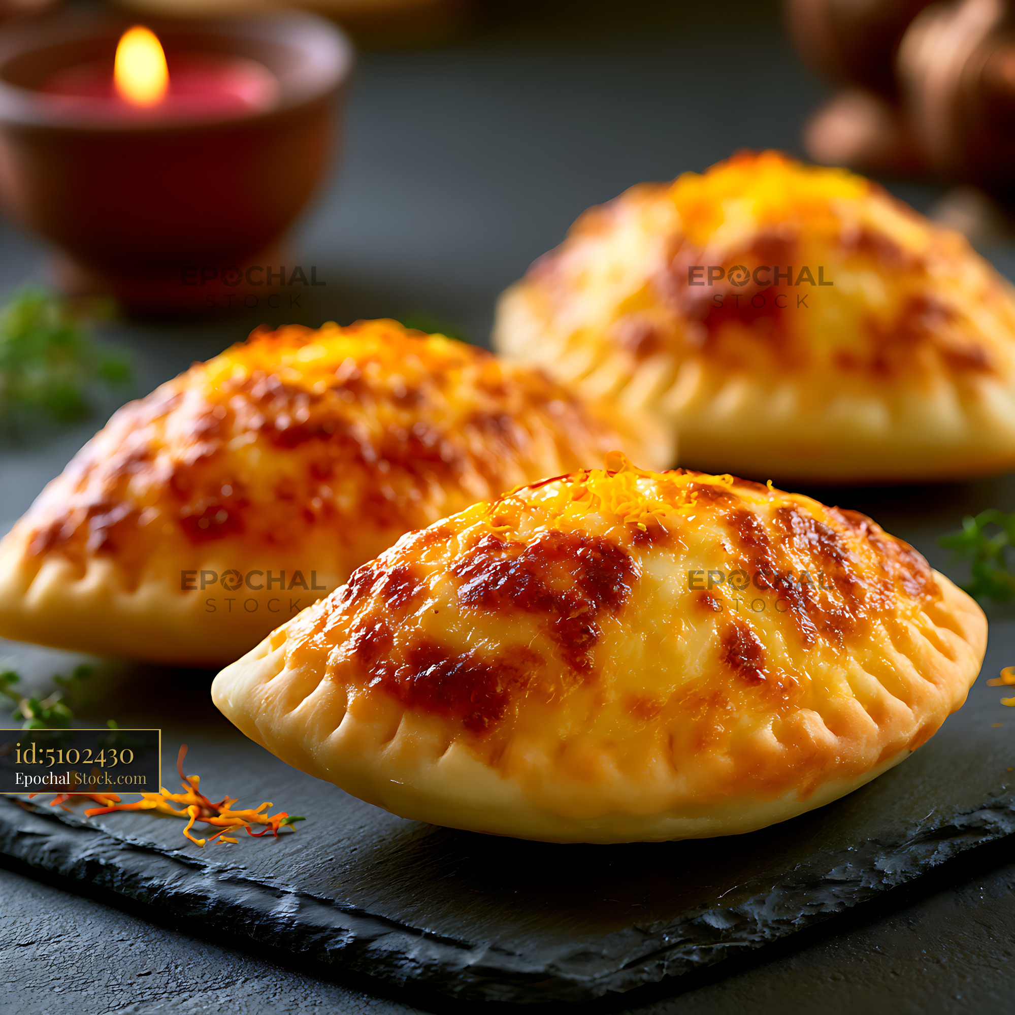 Pardulas sardinian cheese cakes with saffron on a dark slate board - stock photo