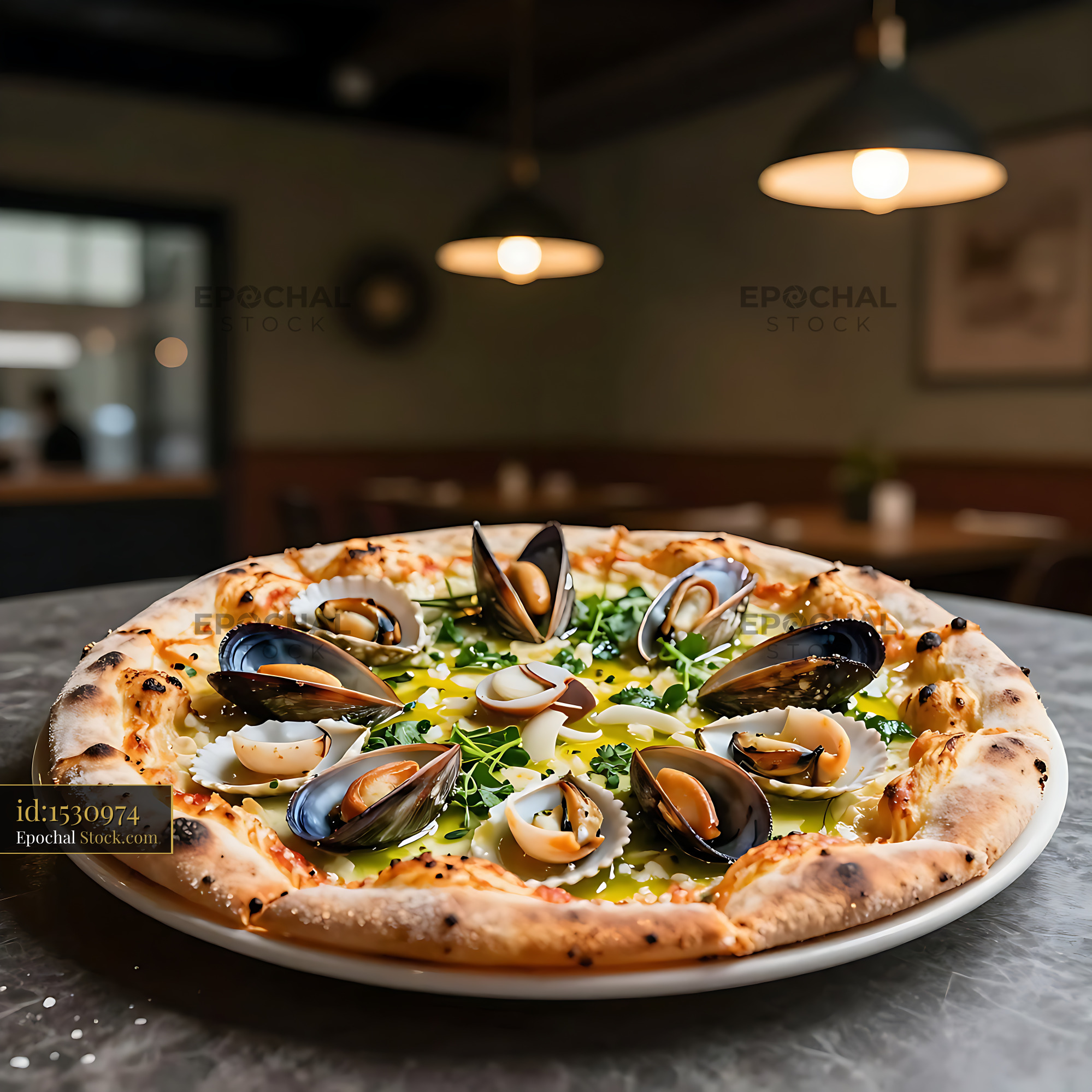 Chilean Pizza Mariscos with fresh mussels and clams in a restaurant - stock photo