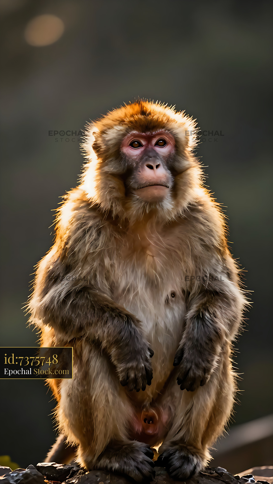 Tibetan macaque sitting peacefully in the golden sunset light - stock photo