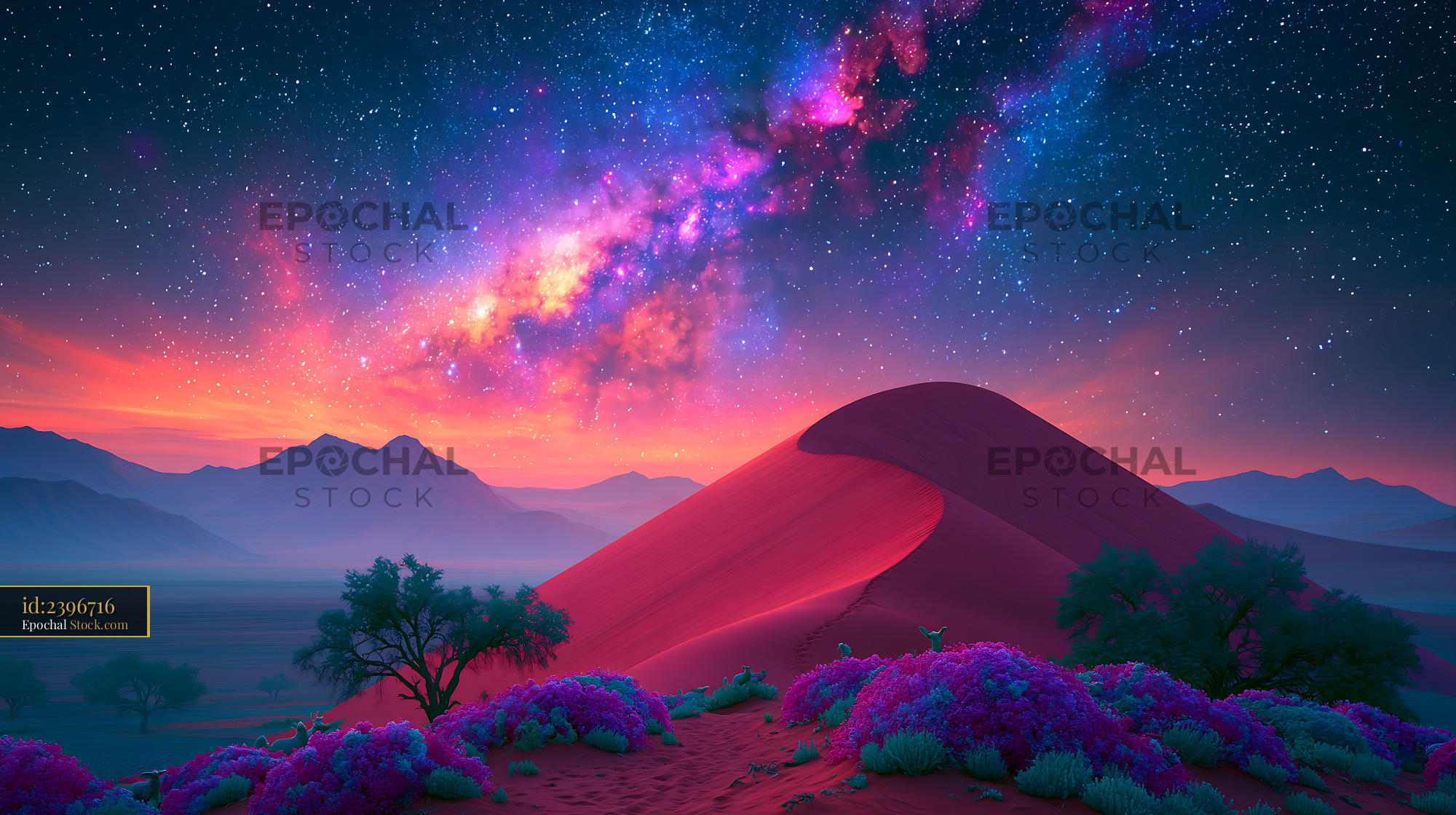 Milky Way over red sand dunes in the Danakil night sky - stock photo