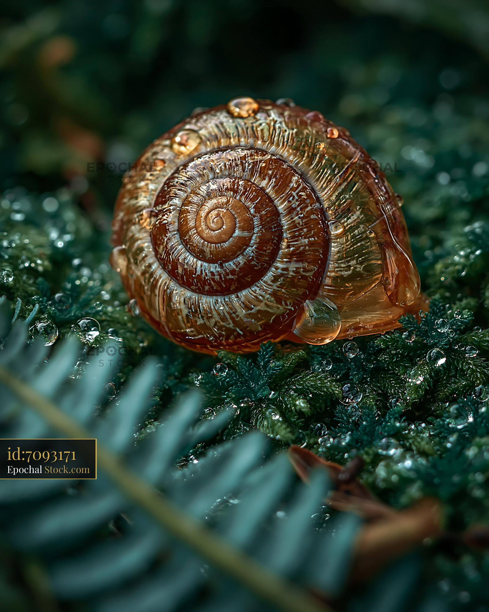 Snail shell with water droplets on wet moss in a forest - stock photo