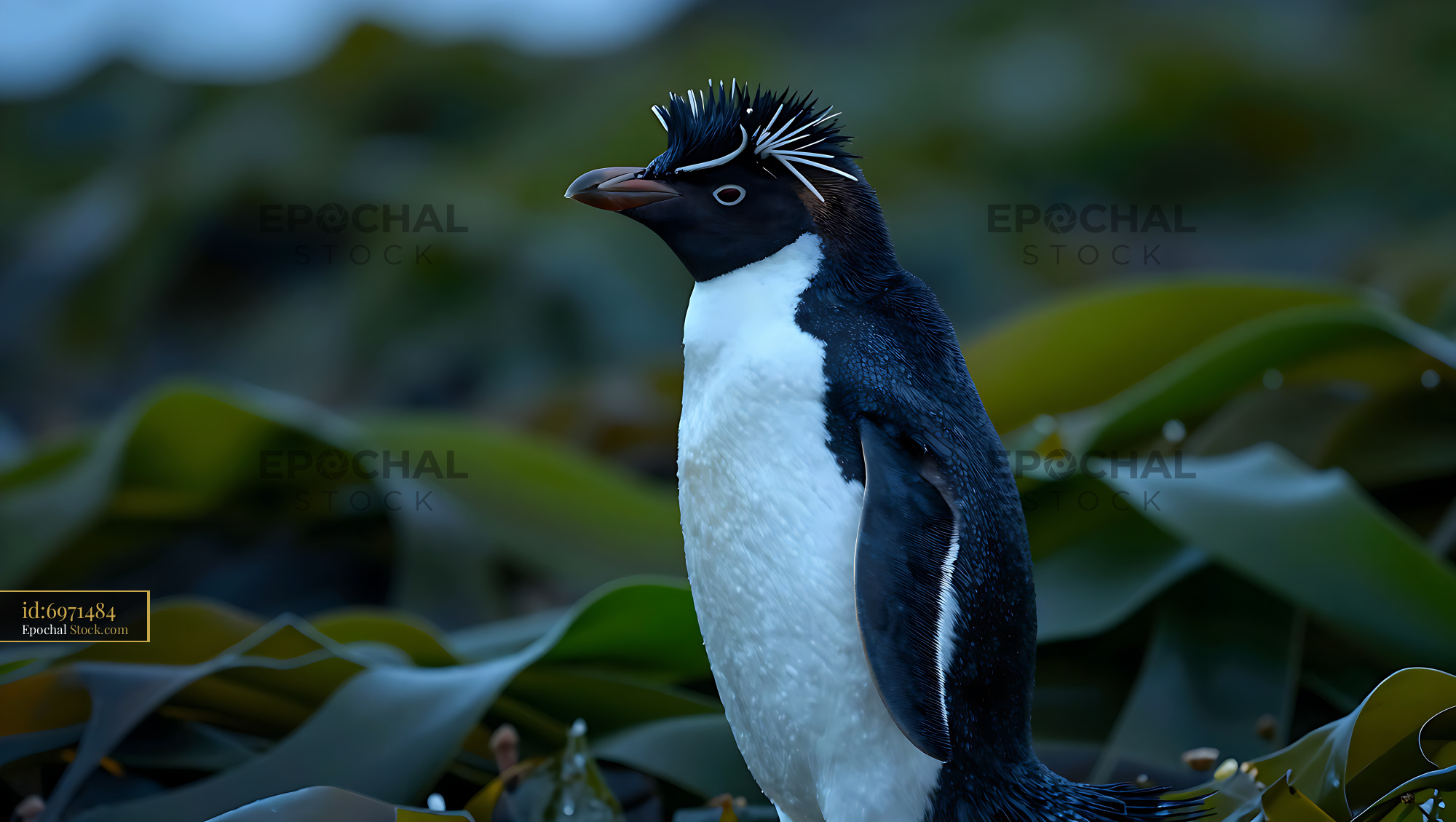 Northern Rockhopper Penguin standing among green kelp on a rocky shore - stock photo