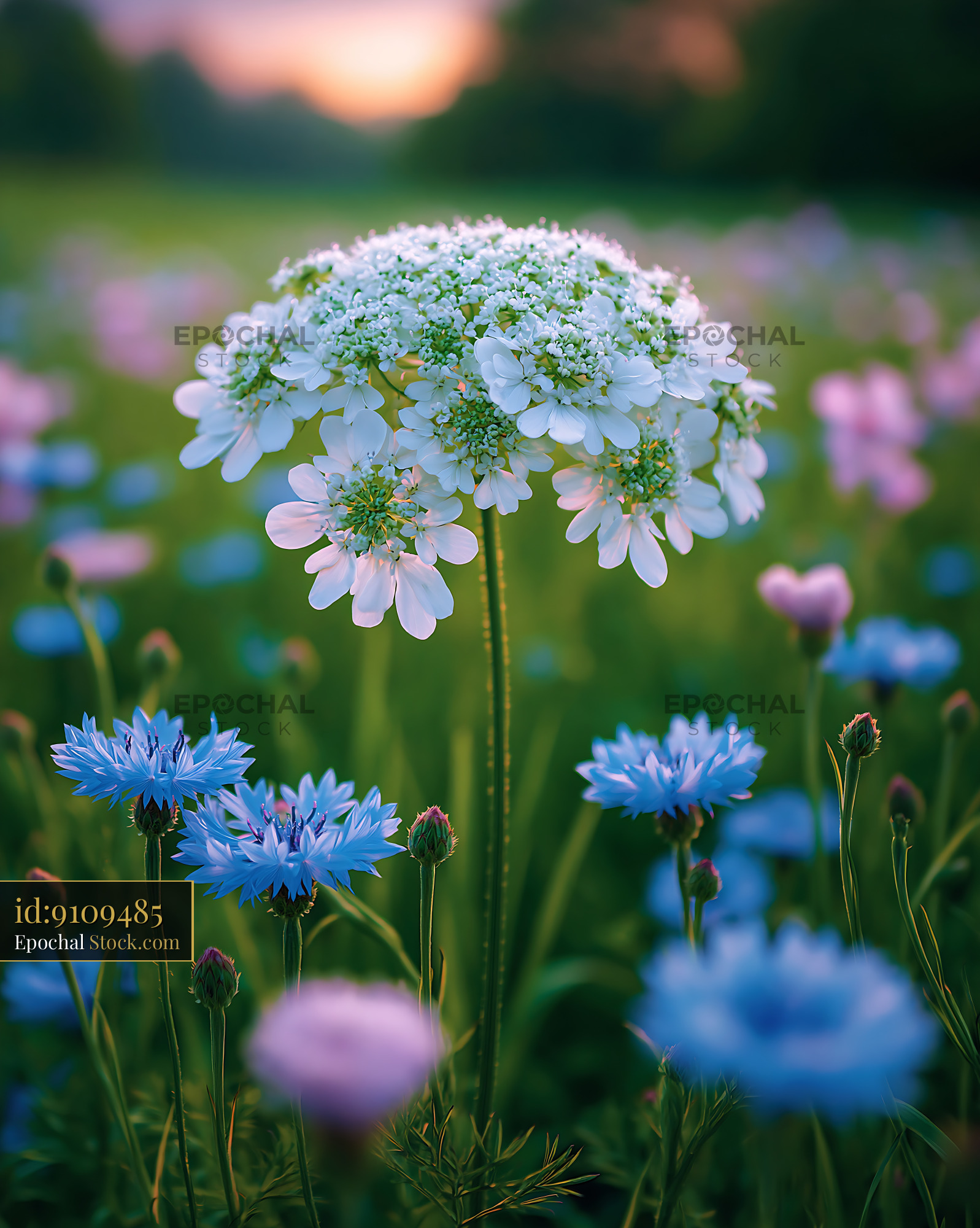 White lace flower and blue cornflowers in a sunny wildflower meadow