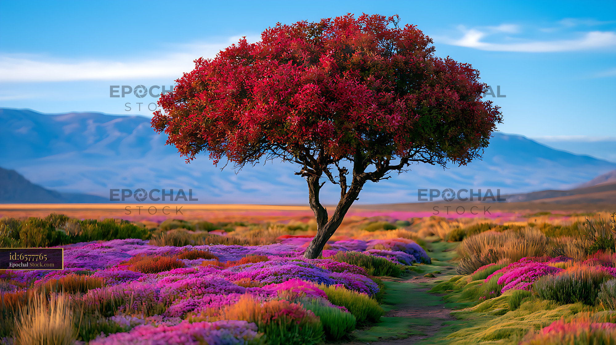 Solitary polylepis tree with red leaves in the Bolivian Altiplano - stock photo