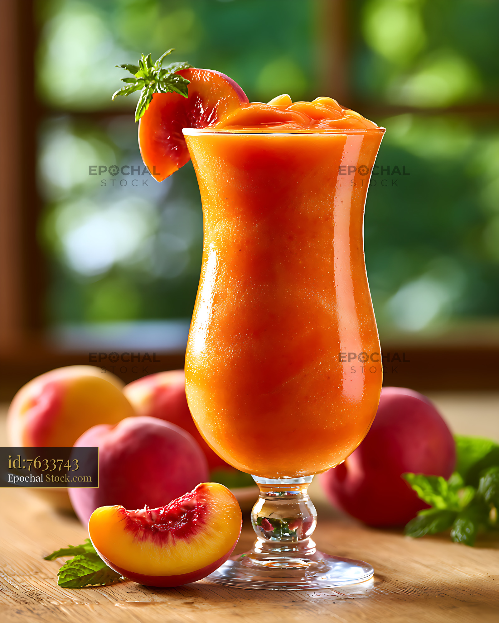 Fresh apricot peach smoothie in a tall glass with mint garnish - stock photo