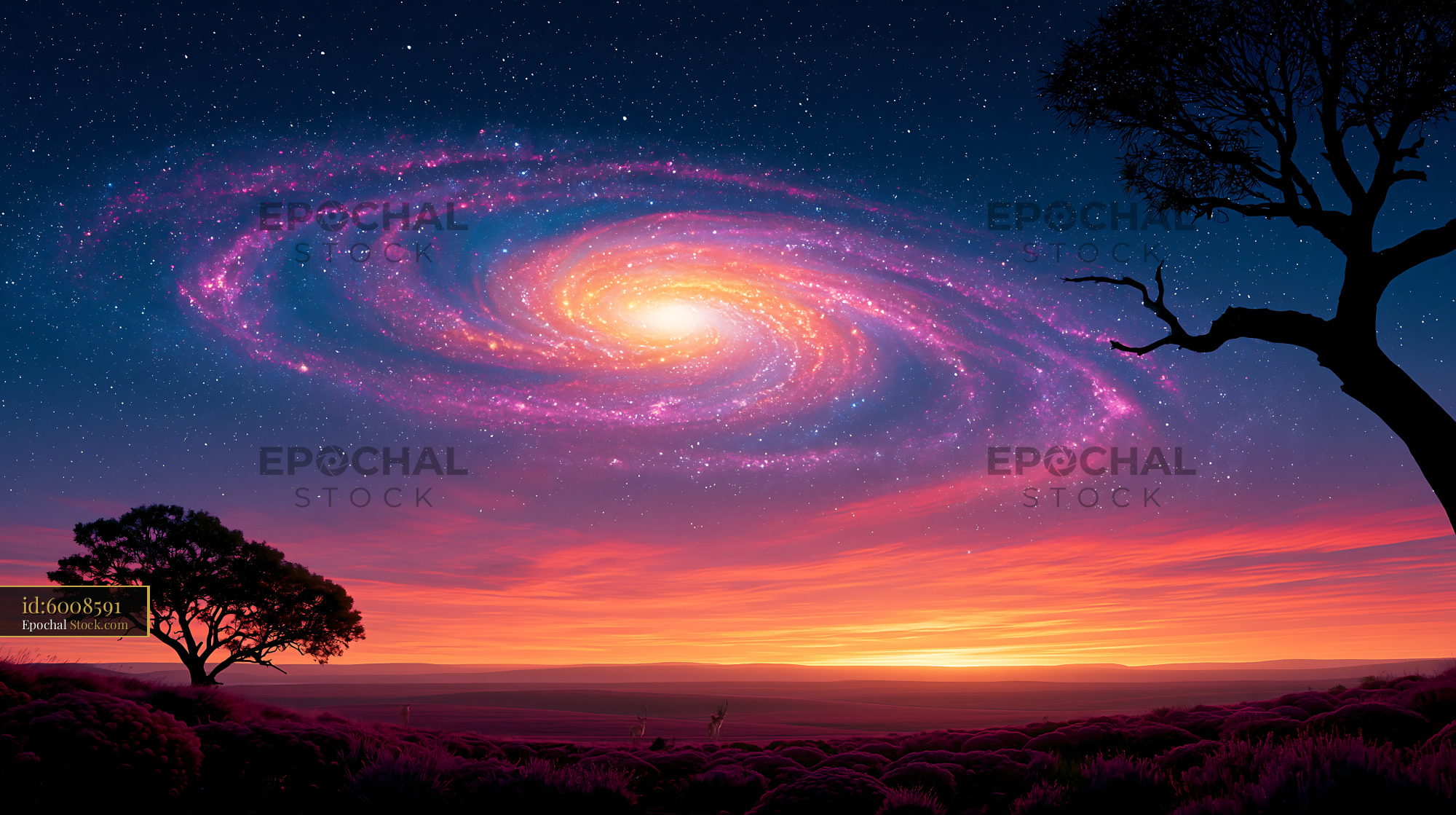 Spiral galaxy over silhouetted chocolate hills at sunset and night - stock photo