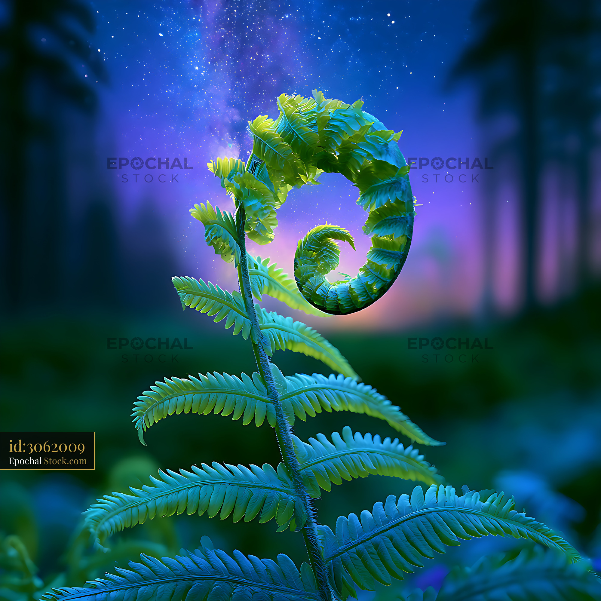 Single fern frond unfurling under the starry Milky Way night sky - stock photo