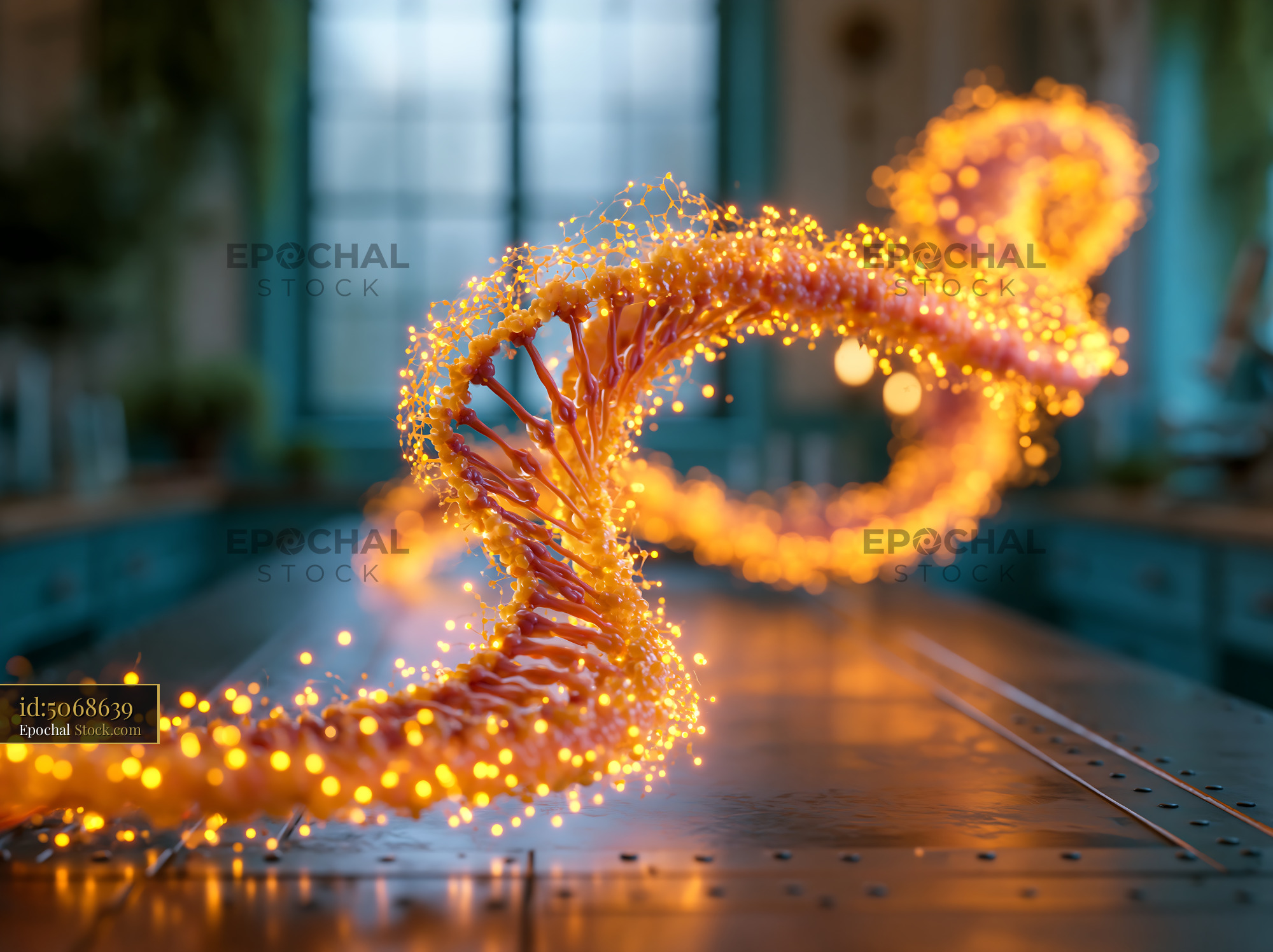 DNA double helix with glowing golden particles in a laboratory - stock photo