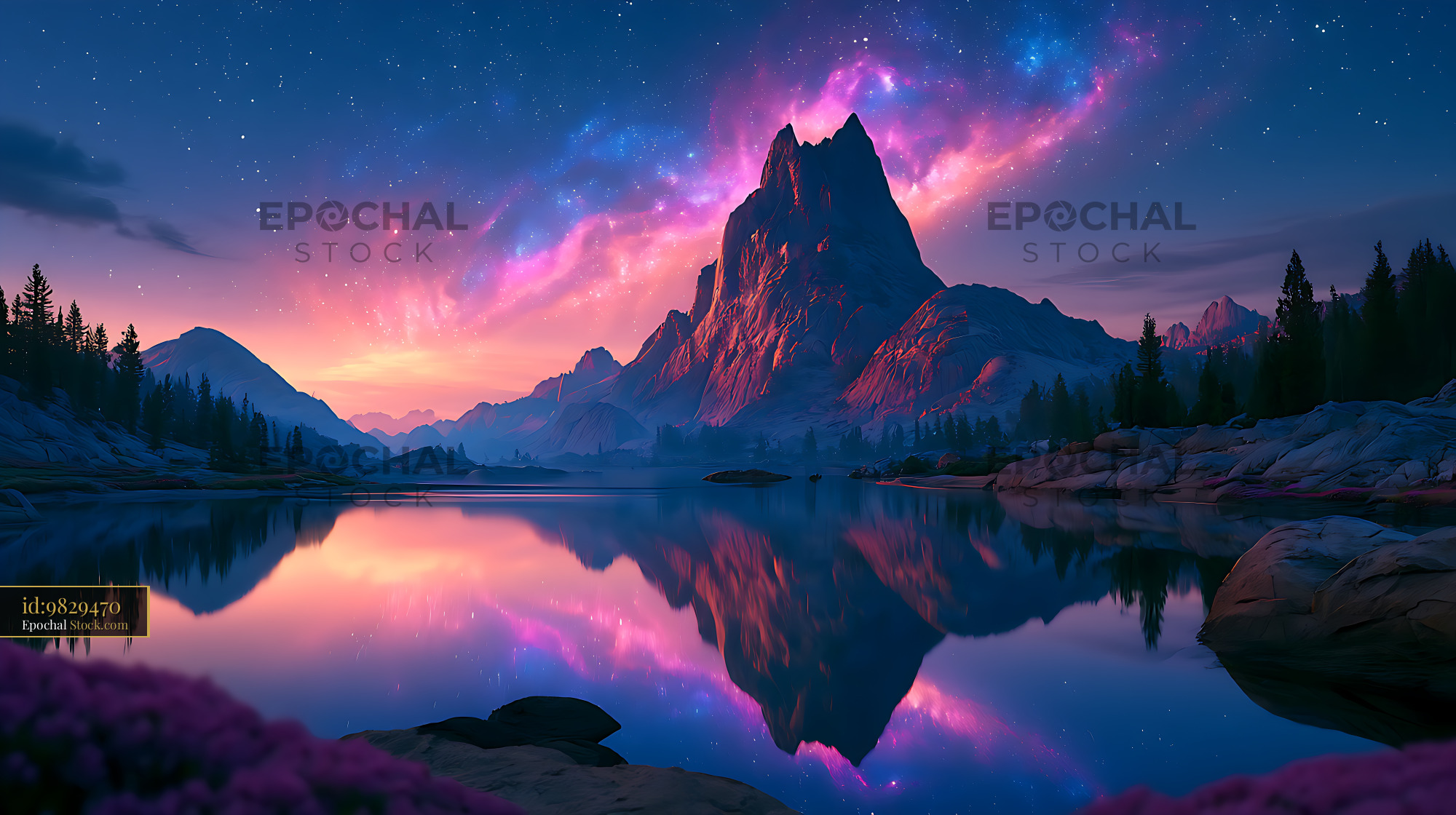 Majestic granite peak reflecting in a calm lake under a vibrant galaxy - stock photo