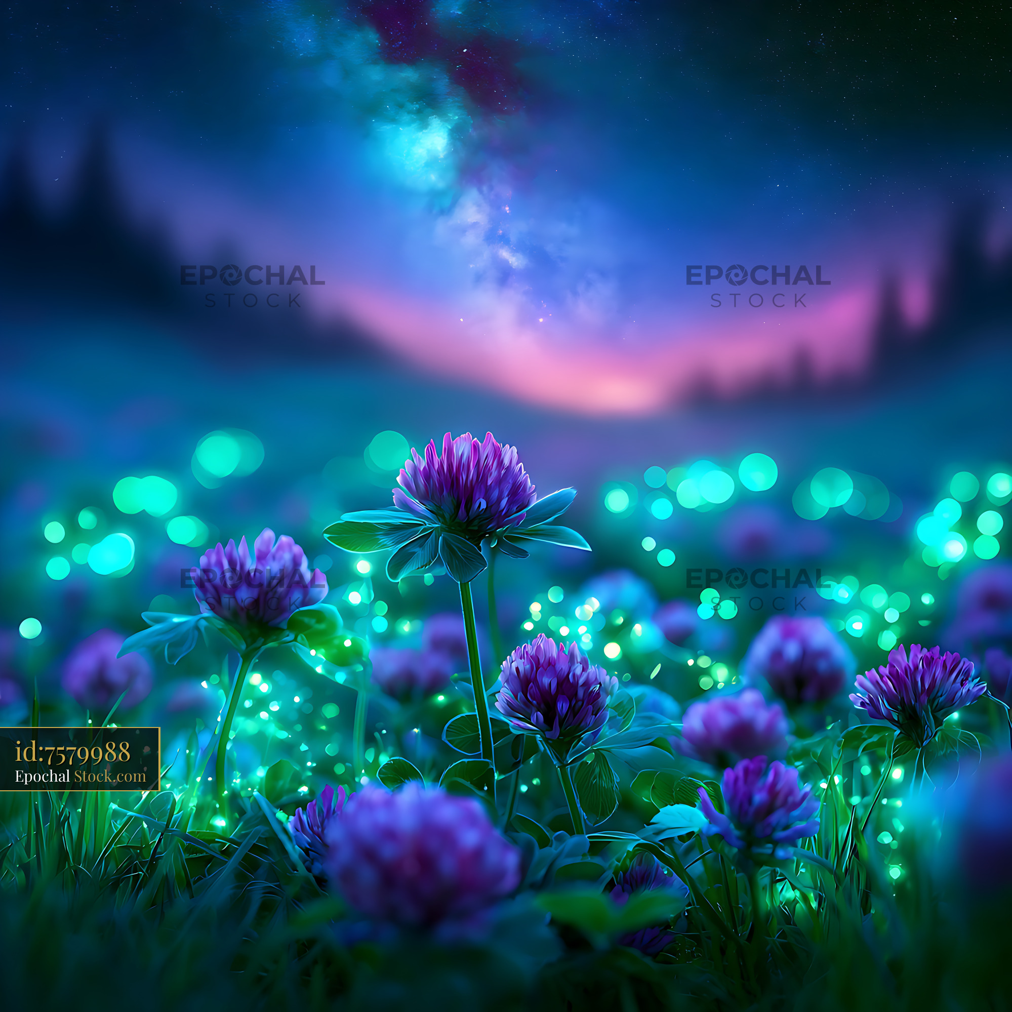 Purple alpine clover blooming under a glowing milky way galaxy - stock photo